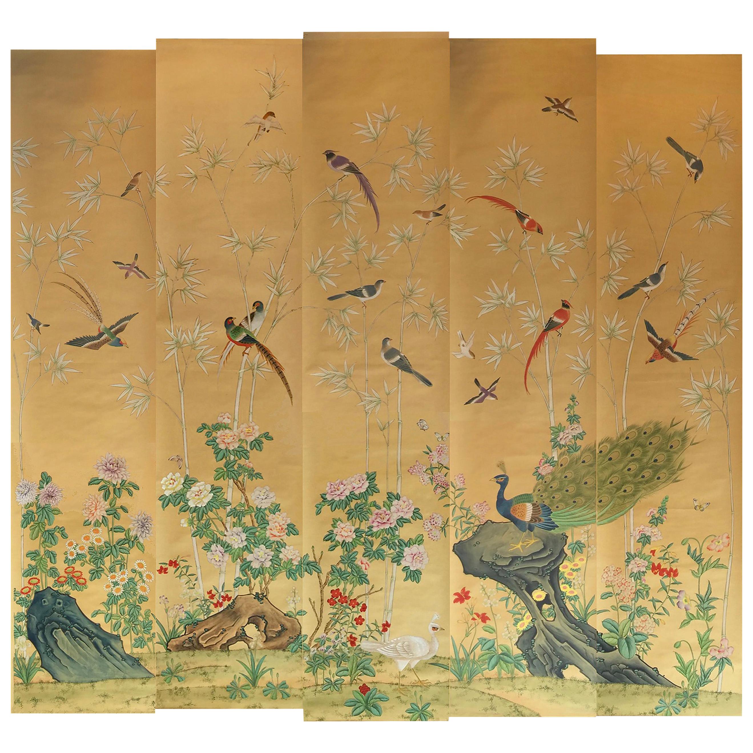 Five Panel Chinese Hand Painted Mural with Birds, Flowers and Bamboo For Sale