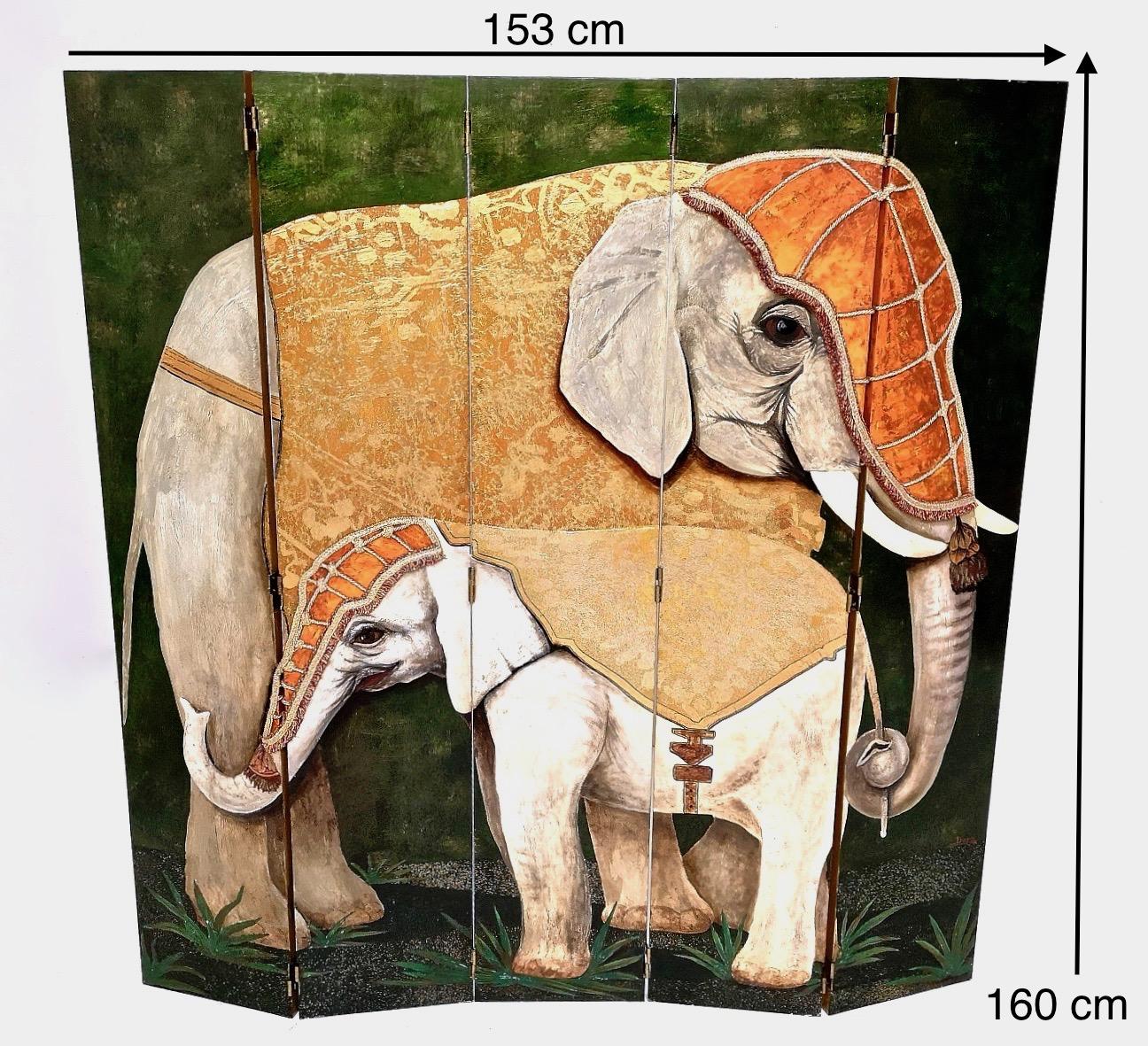 Séparation de pièce postmoderne à cinq panneaux par Doro avec deux éléphants asiatiques, Italie en vente 9