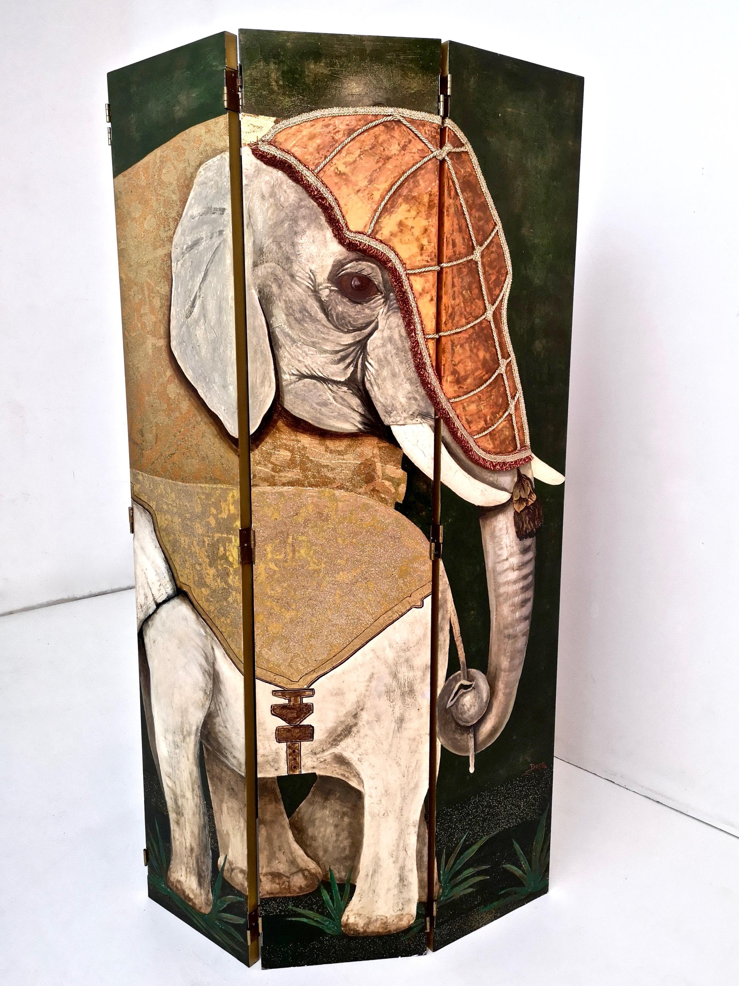 italien Séparation de pièce postmoderne à cinq panneaux par Doro avec deux éléphants asiatiques, Italie en vente