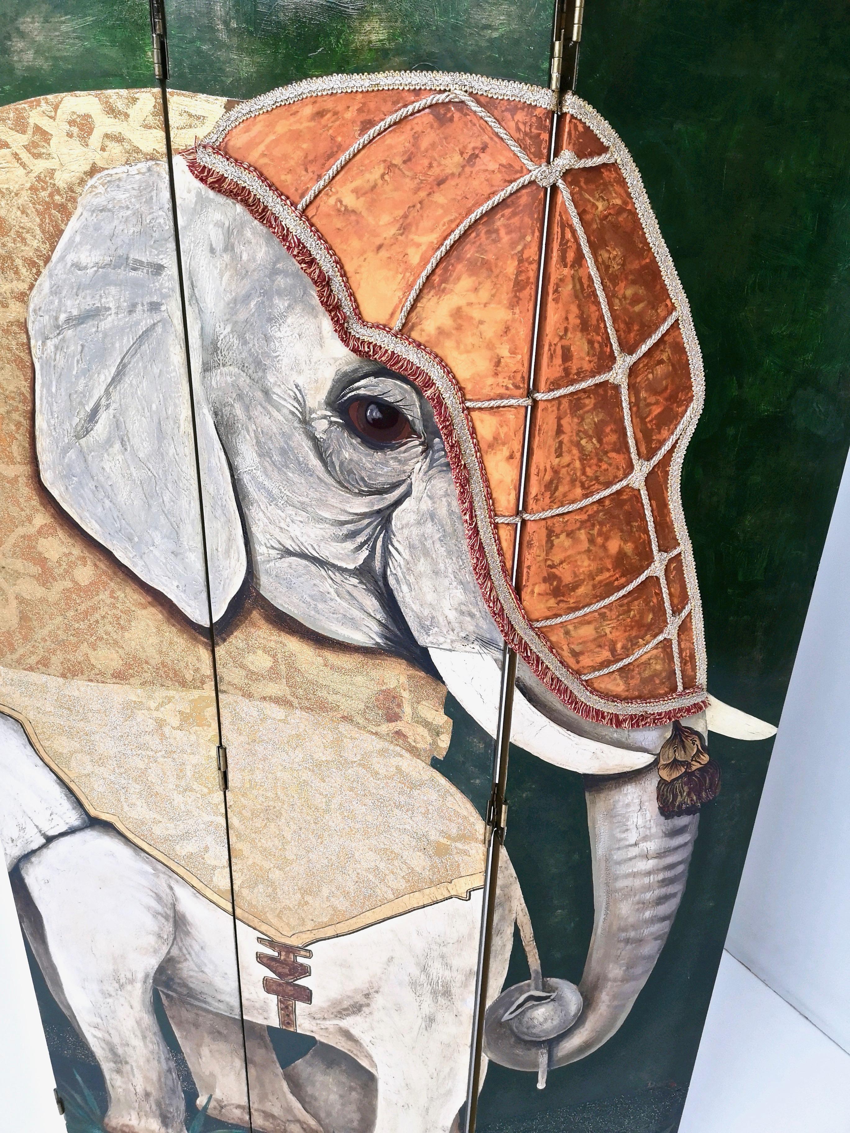 Séparation de pièce postmoderne à cinq panneaux par Doro avec deux éléphants asiatiques, Italie en vente 2