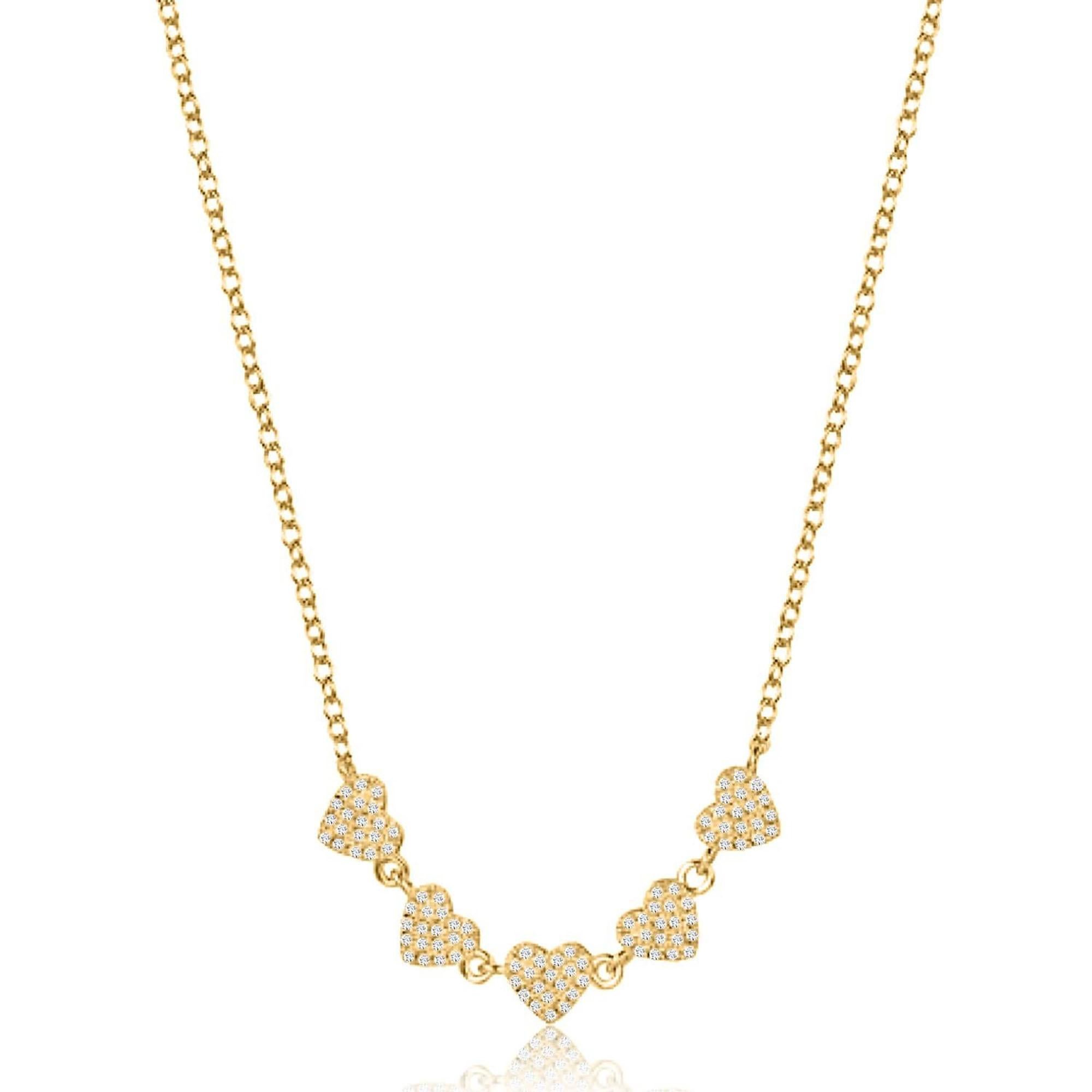 Collier en or jaune 14 carats avec cinq cœurs pavés de diamants en vente
