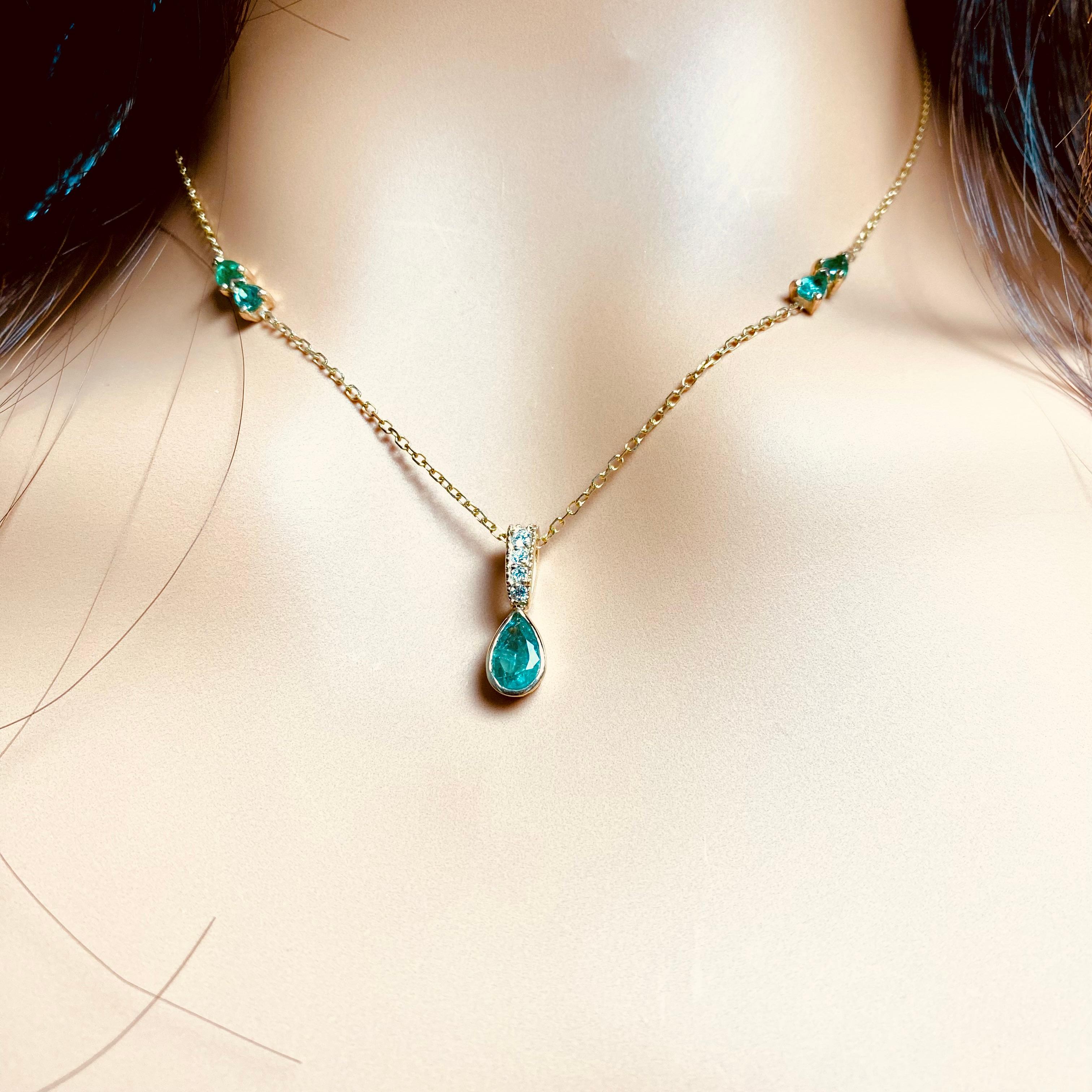 Women's Five Pear Emeralds Diamond 1.35 Carat Bezel Set on 14 Karat Yellow Gold Necklace