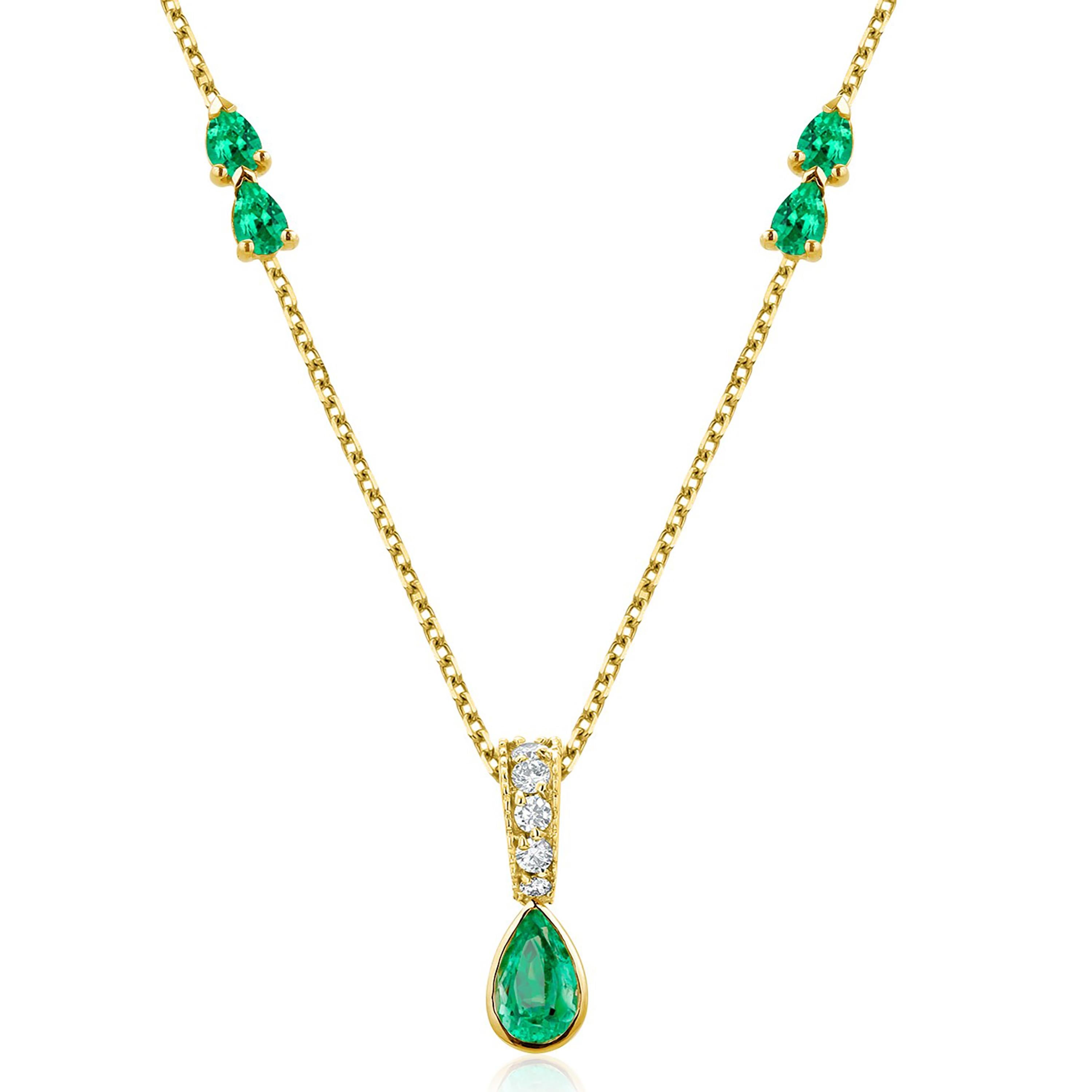 Five Pear Emeralds Diamond 1.35 Carat Bezel Set on 14 Karat Yellow Gold Necklace 1