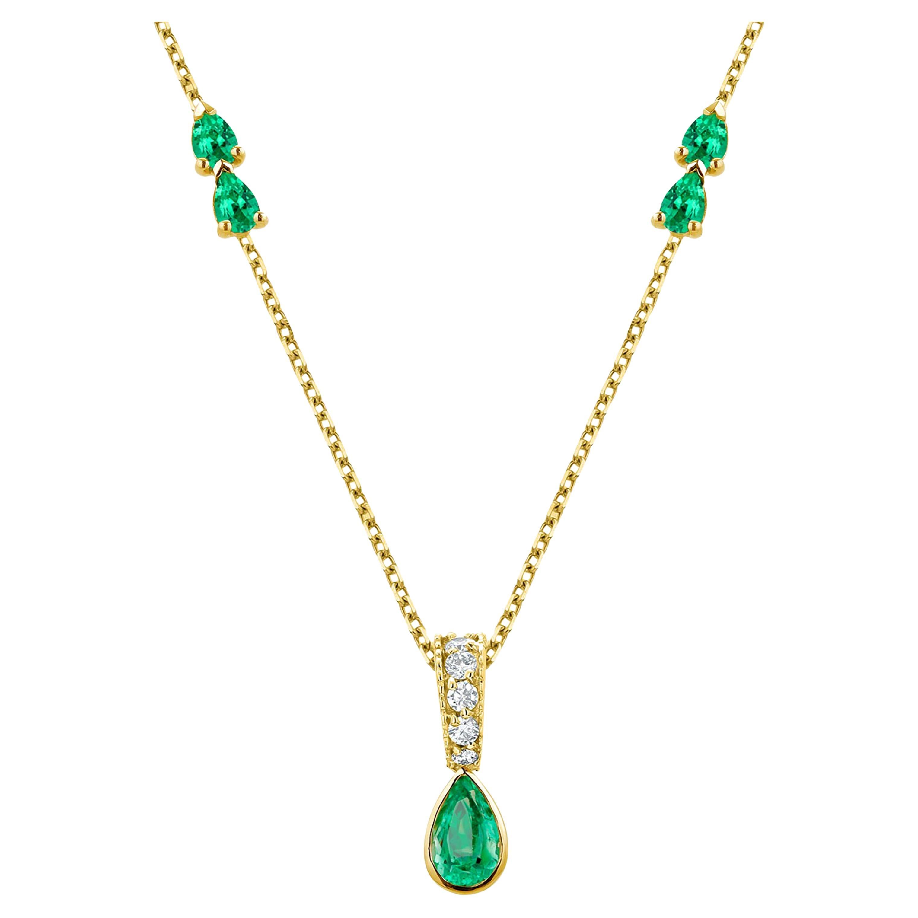 Five Pear Emeralds Diamond 1.35 Carat Bezel Set on 14 Karat Yellow Gold Necklace