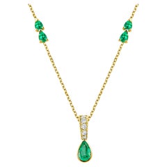 Five Pear Emeralds Diamond 1.35 Carat Bezel Set on 14 Karat Yellow Gold Necklace