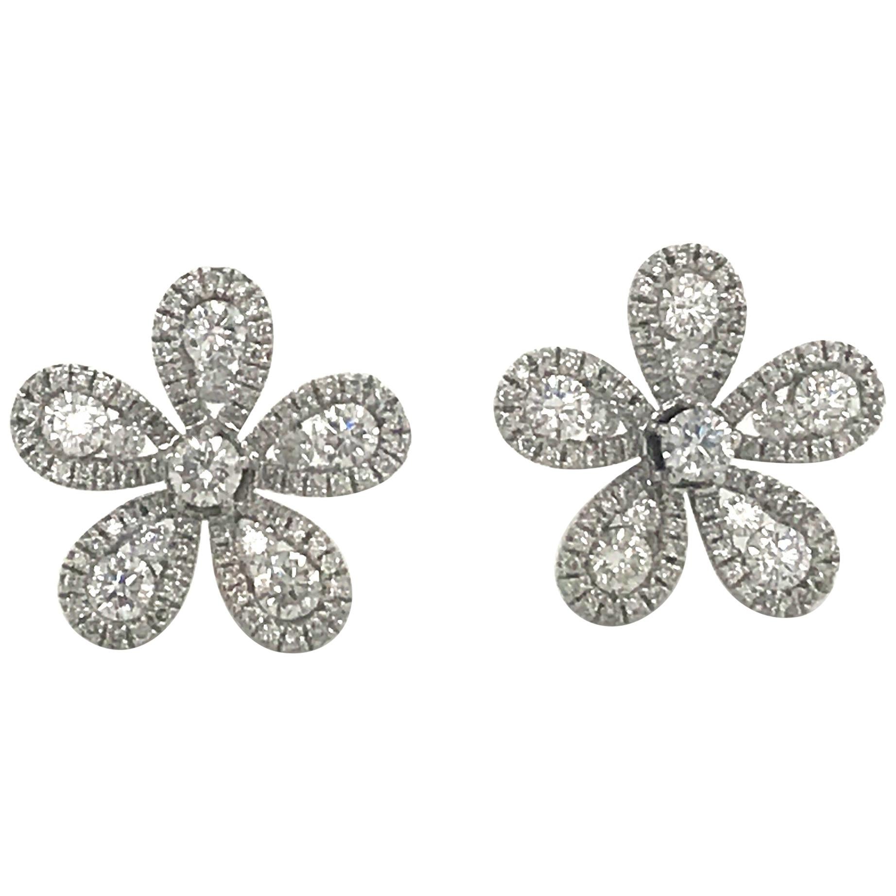 Five-Petal Diamond Flower Stud Earrings 1.36 Carat 18 Karat White Gold