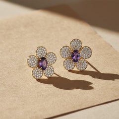 Five Petal Flower earrings studs with amethysts, silver, gold