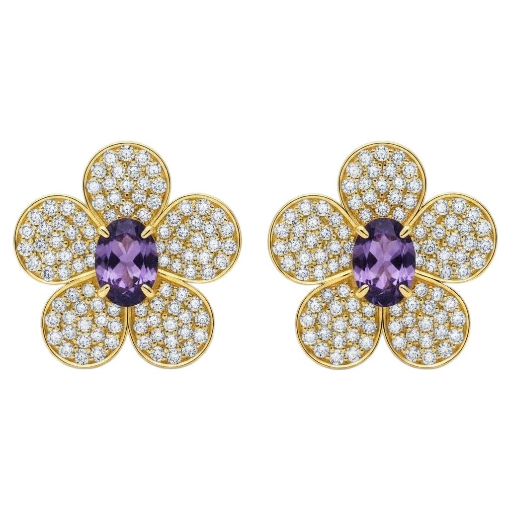Orecchini a bottone "Five Petal Flower" con ametiste, argento e oro