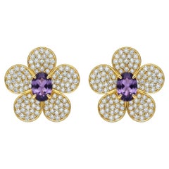 Five Petal Flower earrings studs with amethysts, silver, gold