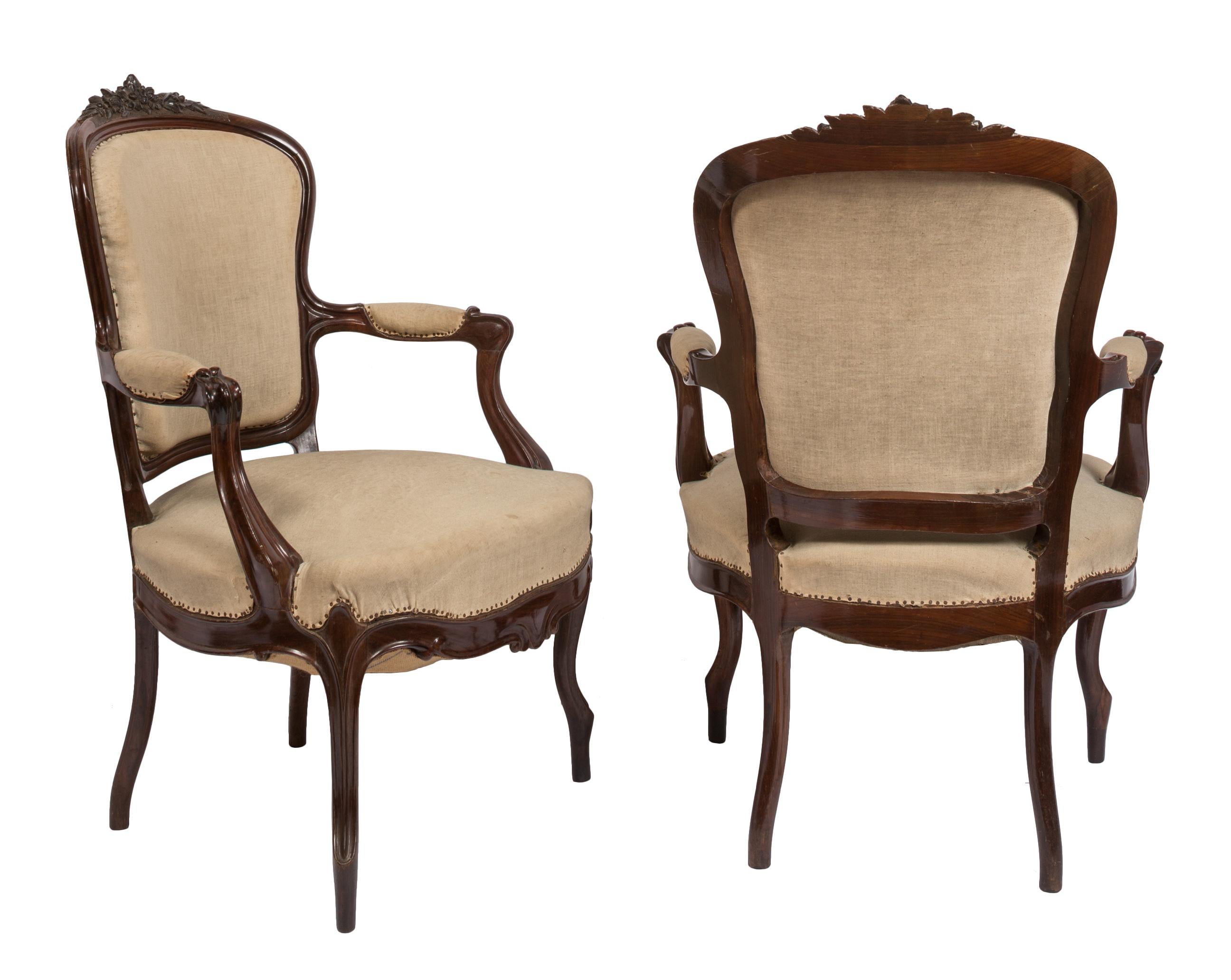 Ensemble canapé et chaise Isabelina du 19e siècle, cinq pièces Abîmé - En vente à Madrid, ES