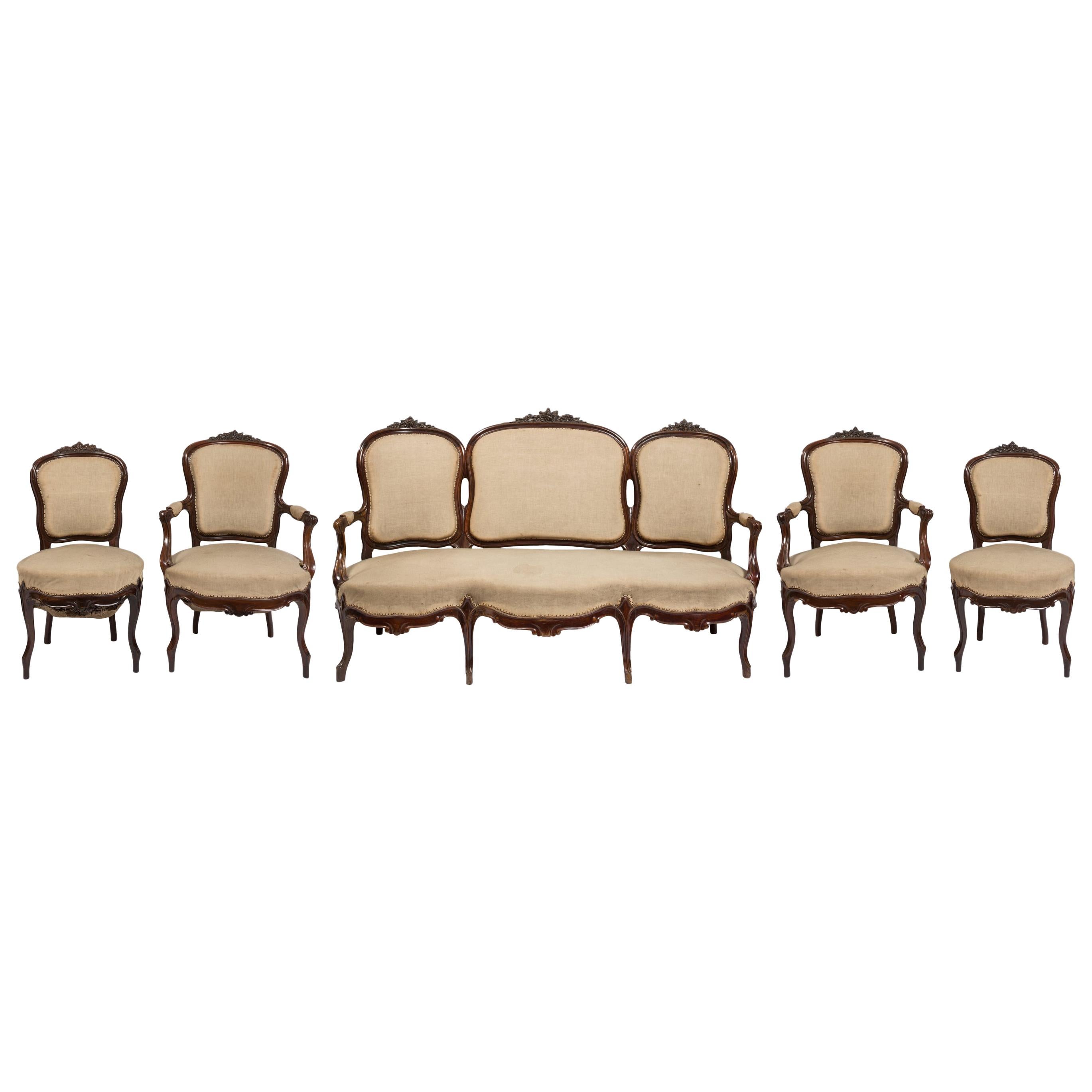 Fünfteiliges Isabelina-Sofa und Stuhl-Set aus dem 19. Jahrhundert
