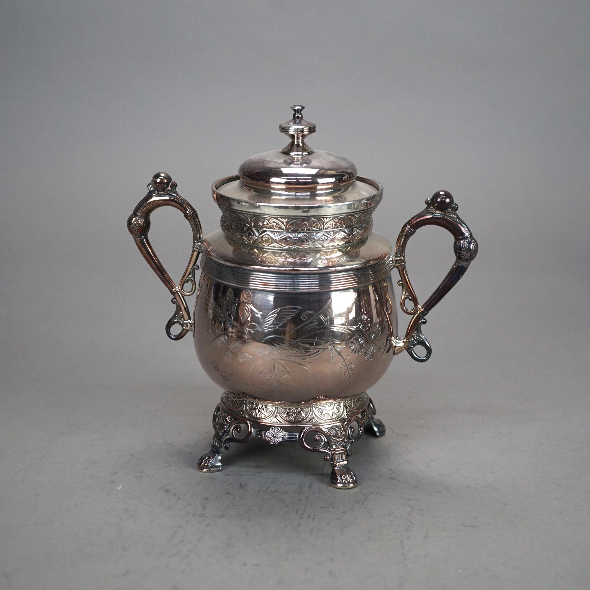 XIX secolo Set da tè antico a cinque pezzi con piedi a zampa d'asino e placcati in argento C1890 in vendita
