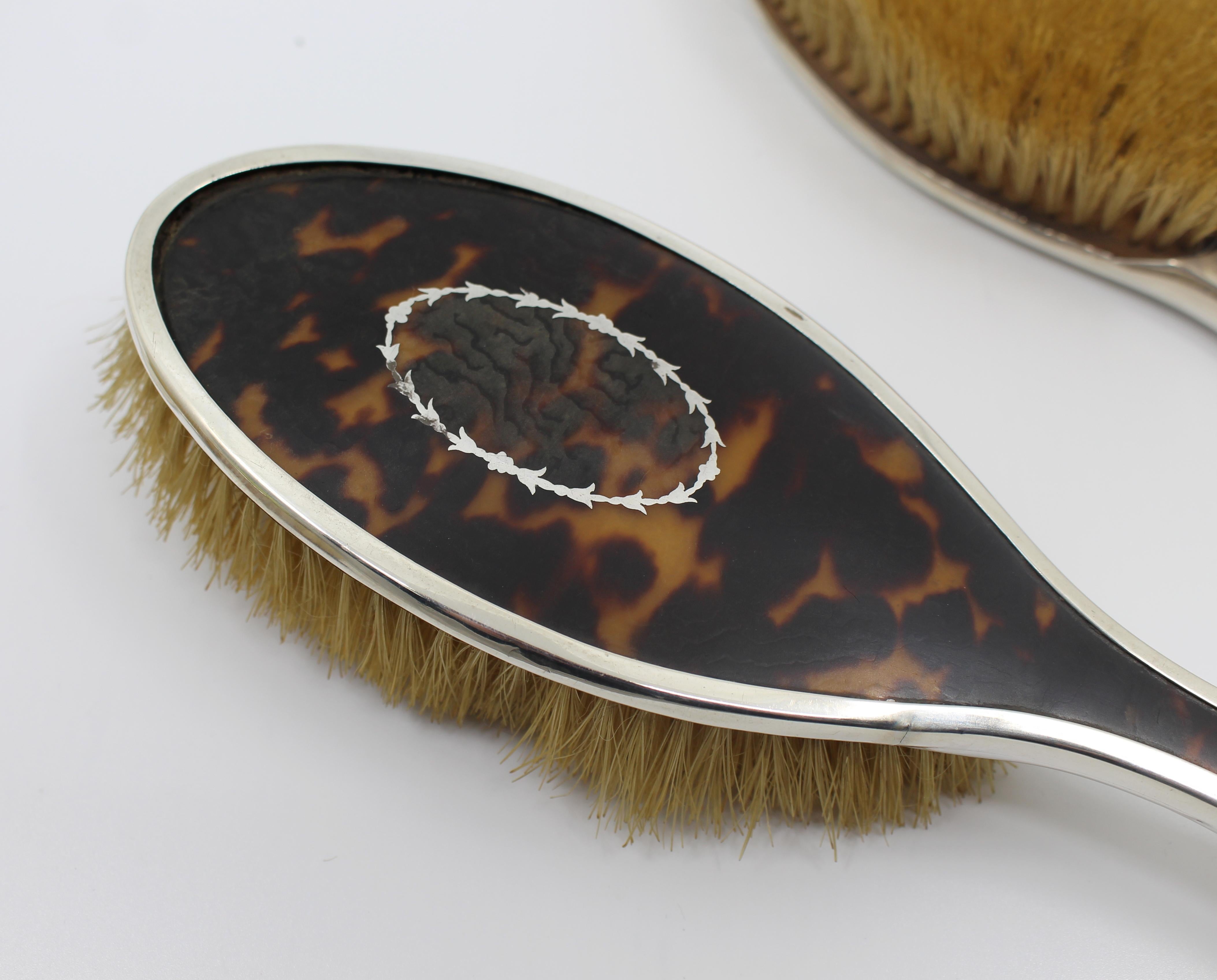 Five-Piece Art Deco Sterling Silver & Faux Tortoiseshell Vanity Set 1923 For Sale 8
