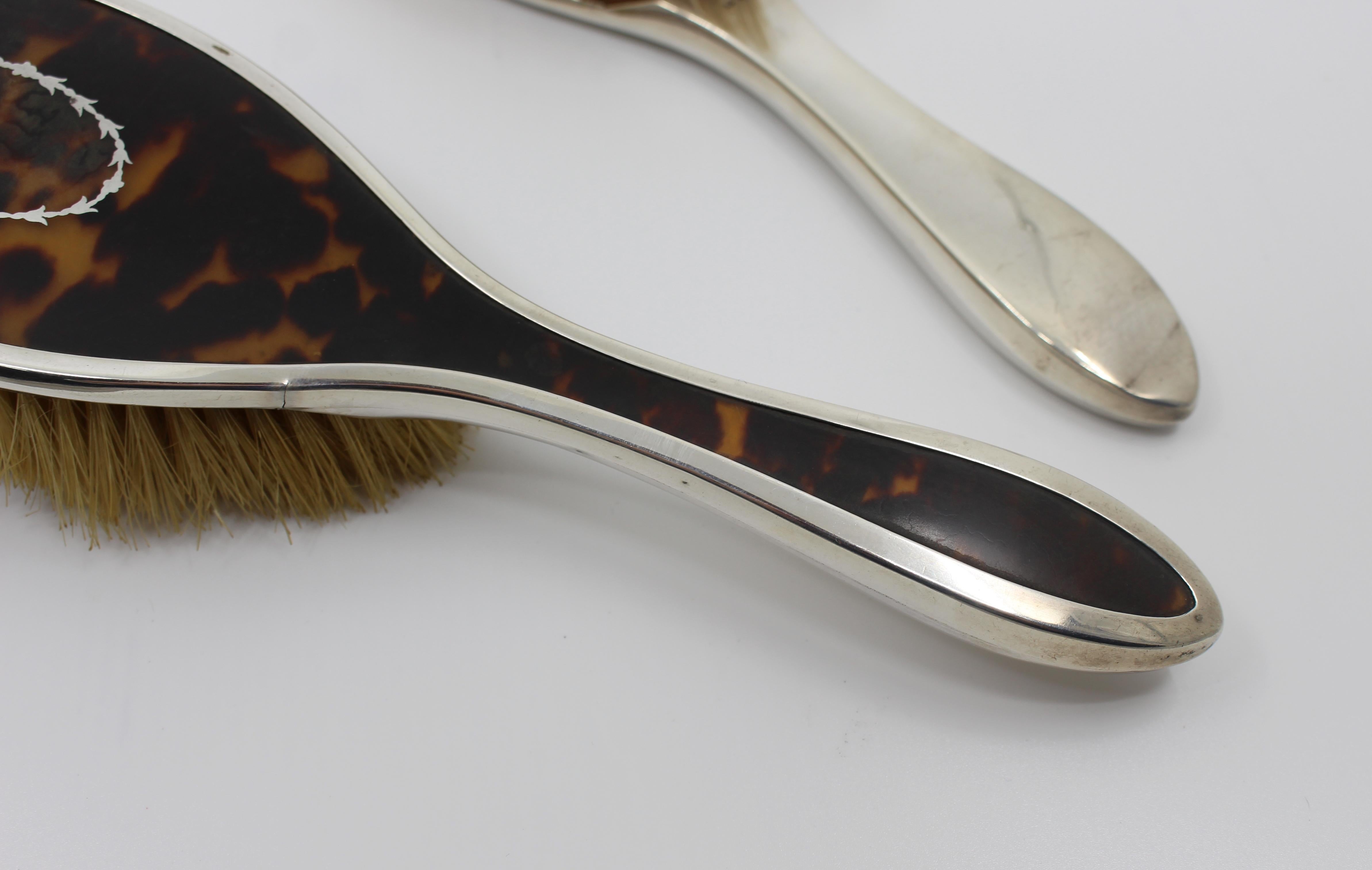 Five-Piece Art Deco Sterling Silver & Faux Tortoiseshell Vanity Set 1923 For Sale 9