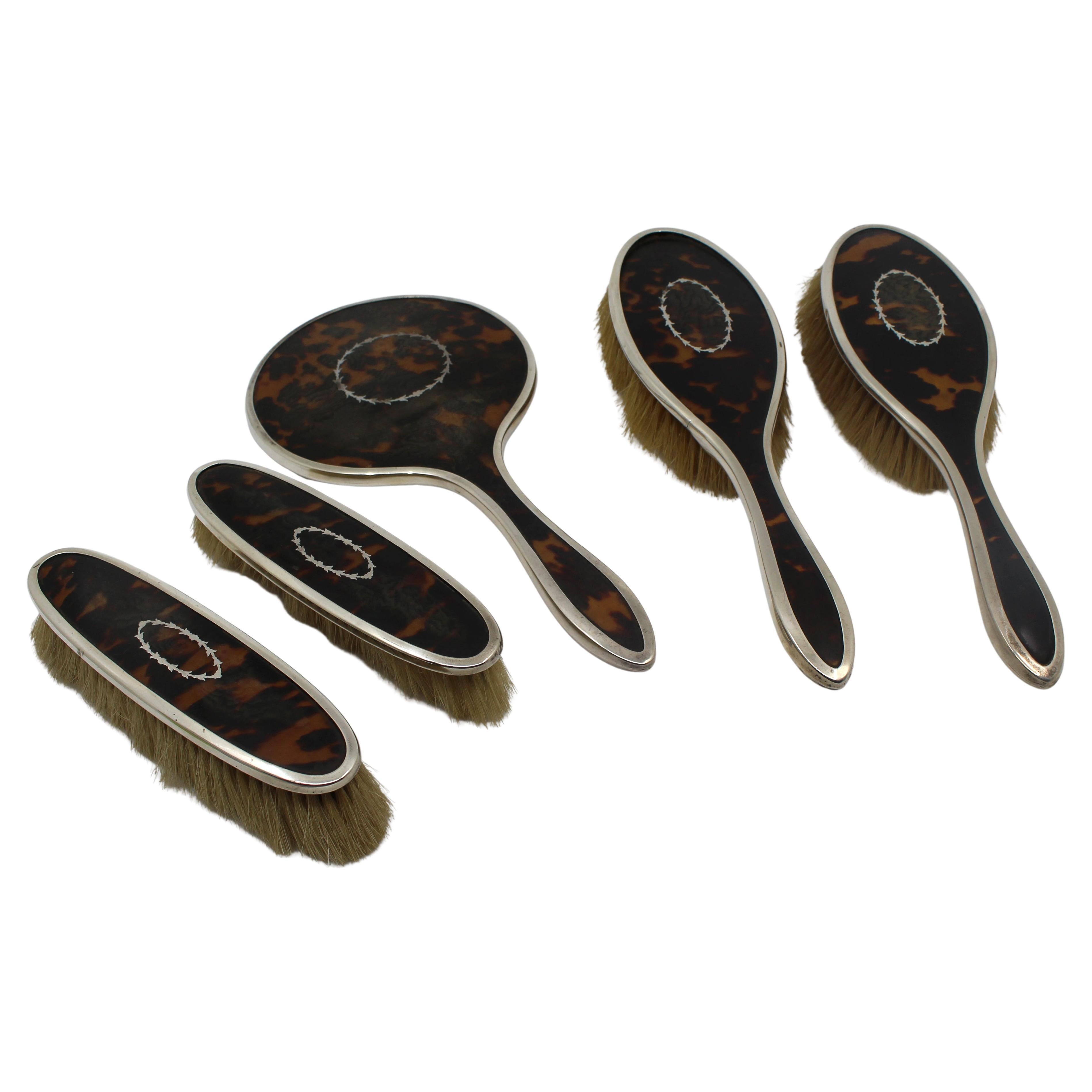 Five-Piece Art Deco Sterling Silver & Faux Tortoiseshell Vanity Set 1923 For Sale