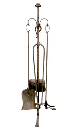 Five Piece Arts and Crafts Hand Wrought Iron Fireplace Tool Set