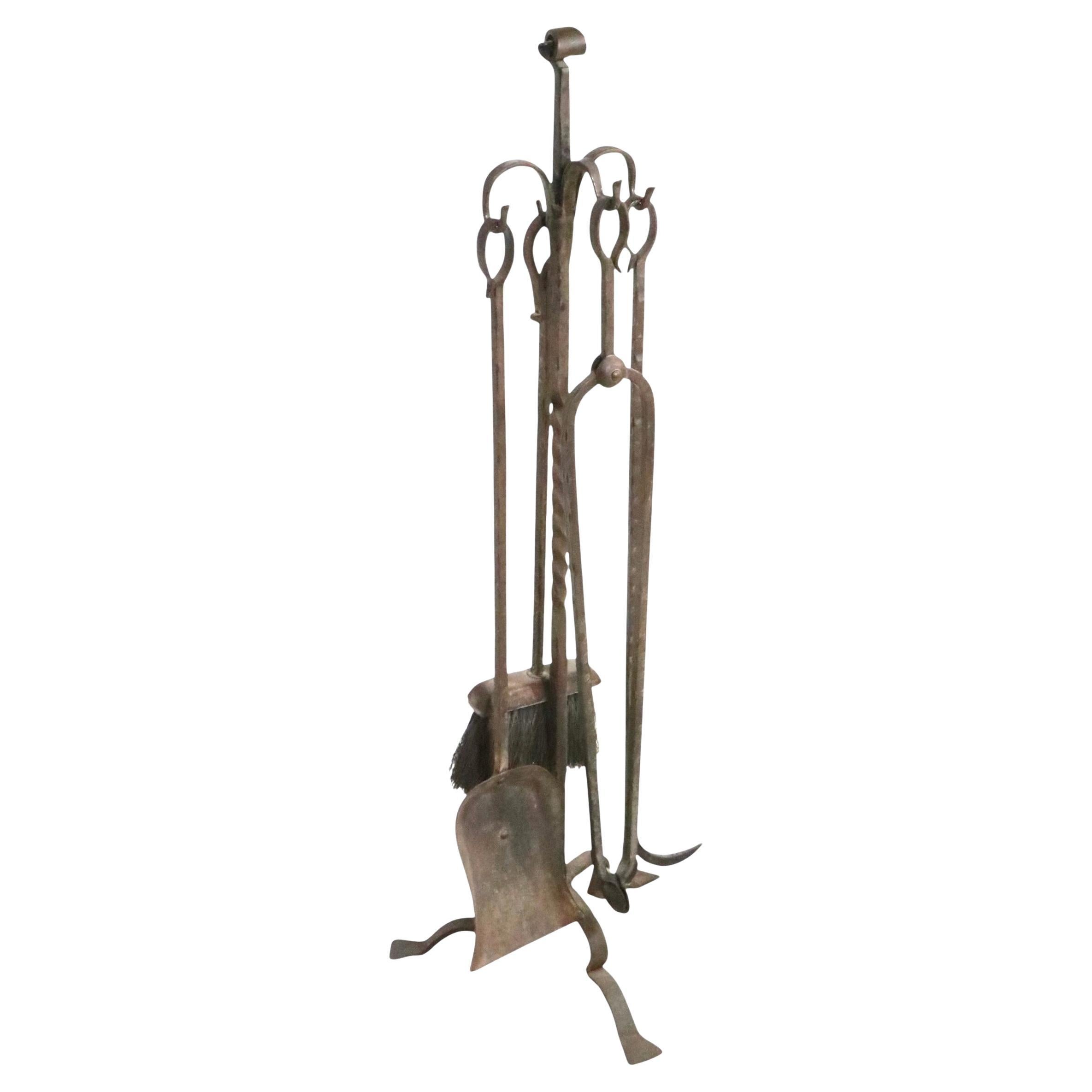Five Piece Arts and Crafts Hand Wrought Iron Fireplace Tool Set