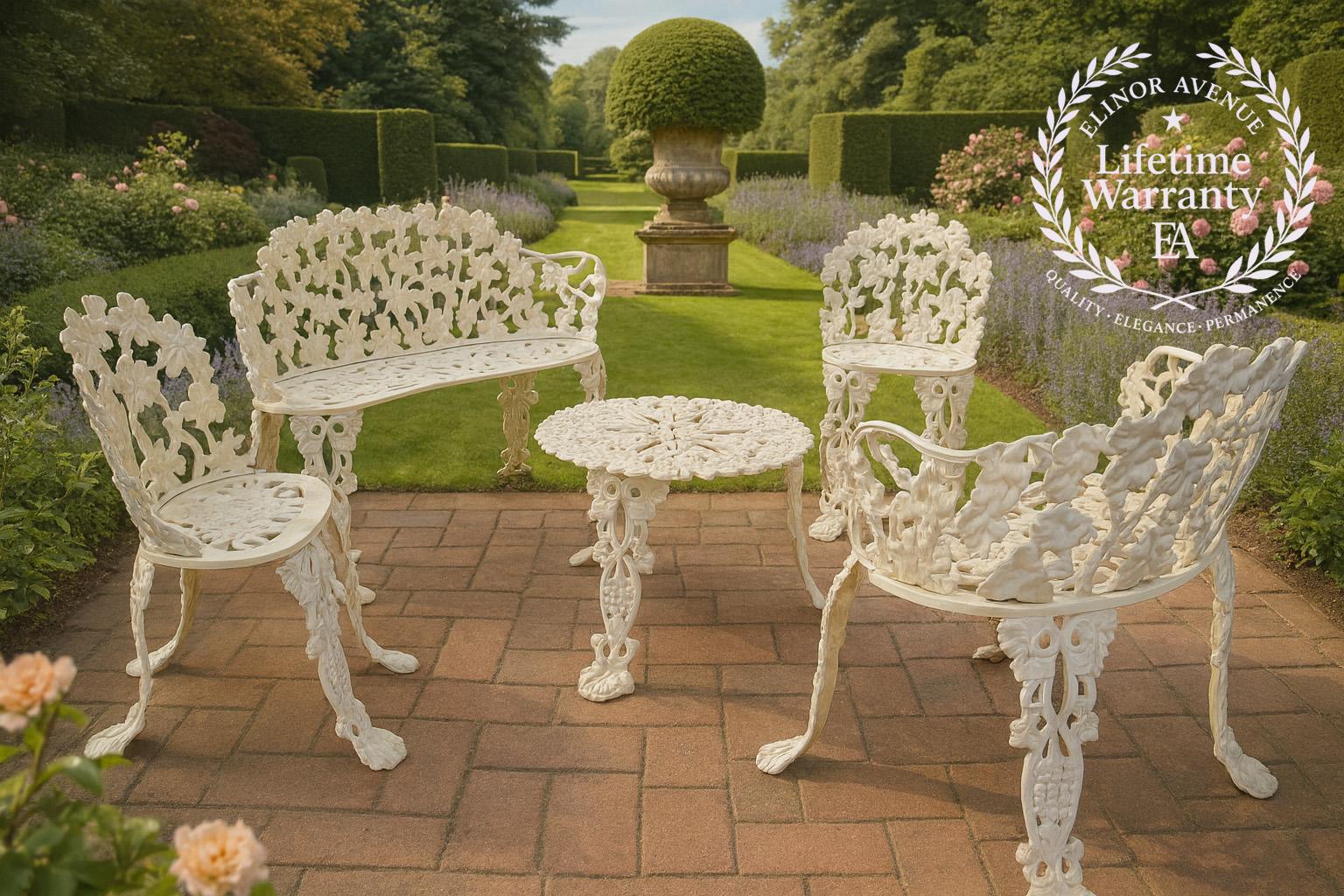 Ensemble complet de jardin Grapevine en fonte du milieu du siècle - 5 pièces de style victorien, fabriqué aux États-Unis

Description :
Nous vous proposons un superbe ensemble de jardin vintage en fonte de 5 pièces, au motif très recherché de la