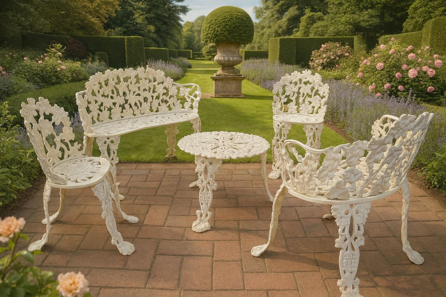 Mid-Century Cast Iron Grapevine Garden Komplettset - 5-tlg. viktorianisches Revival, hergestellt in den USA

Beschreibung:
Angeboten wird ein wunderschönes 5-teiliges Gartenset aus Gusseisen im begehrten Weinrebenmuster, das sich durch exquisite