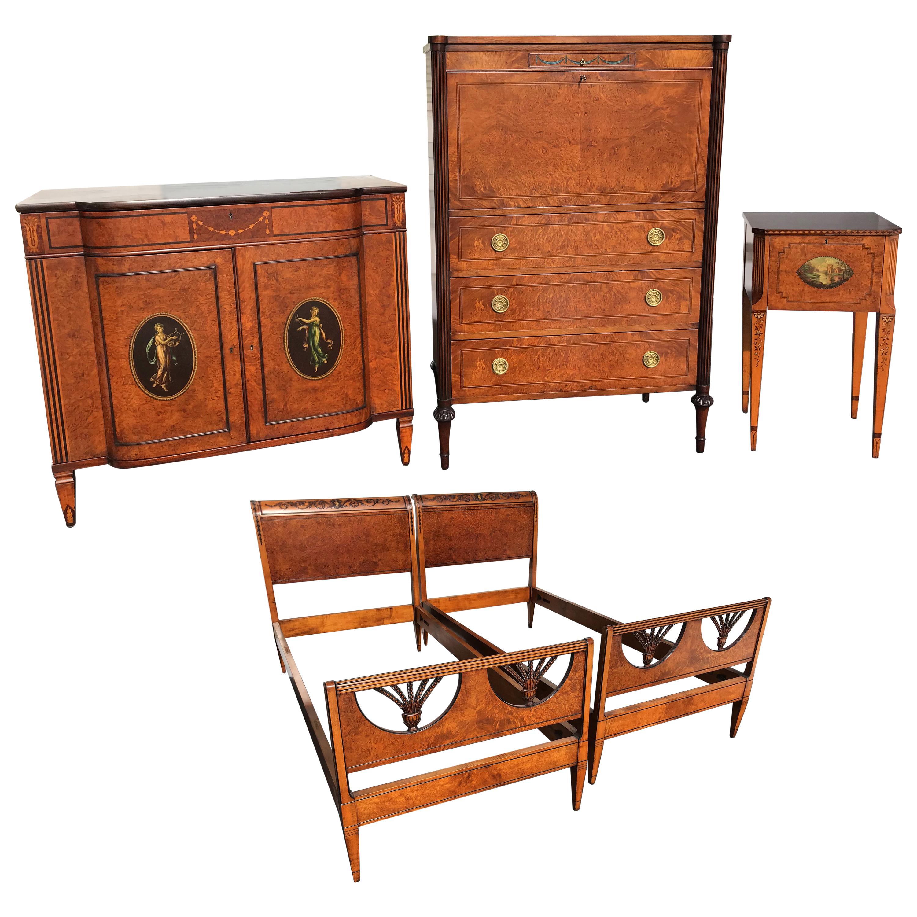 Five-Piece Custom Mahogany and Walnut Bedroom Set by Joseph Gerte, Boston MA