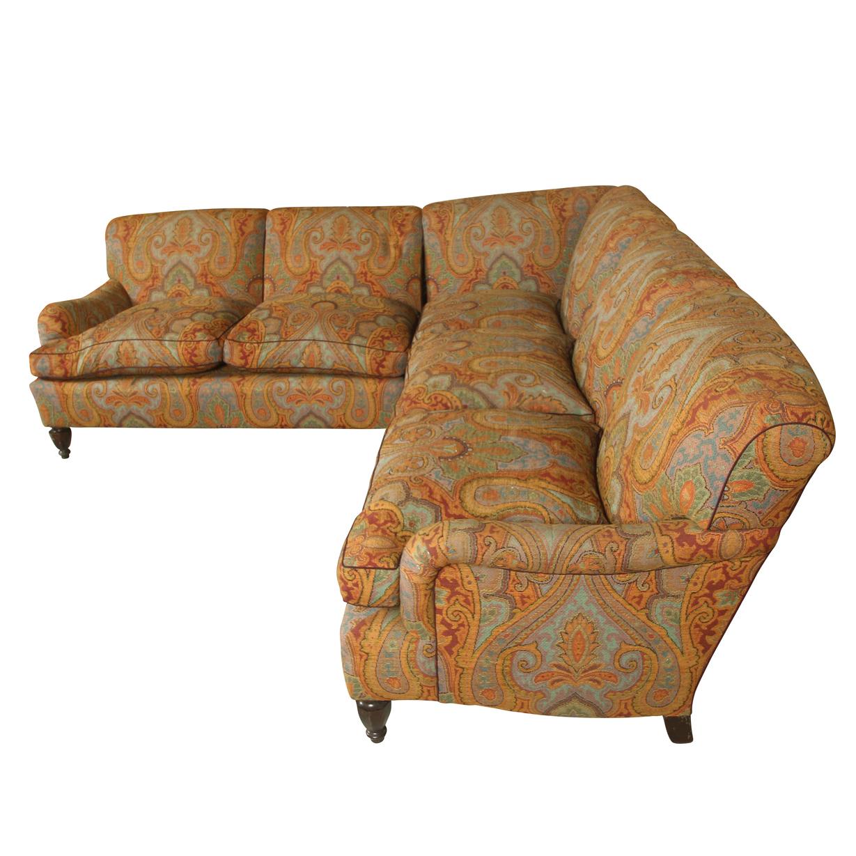 Five piece custom sectional sofa in Etro style paisley, removed from 740 Park Ave, New York City, NY. Each side measures 94