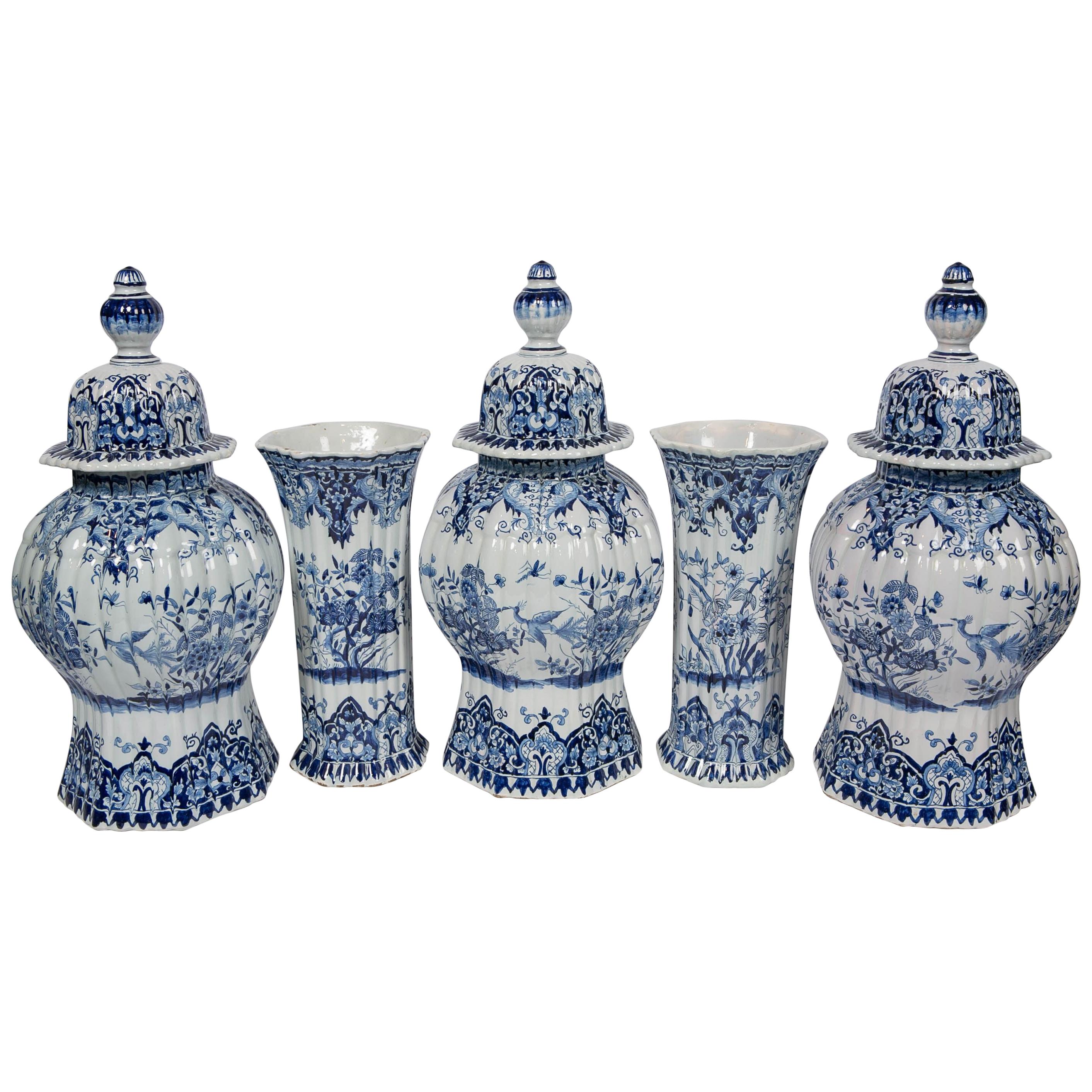 Blue and White Five Piece Garniture Delft Style Made 20th Century