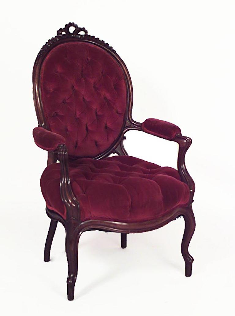 Set of 5 French Victorian rosewood salon set with tufted red velvet upholstery (settee: 52