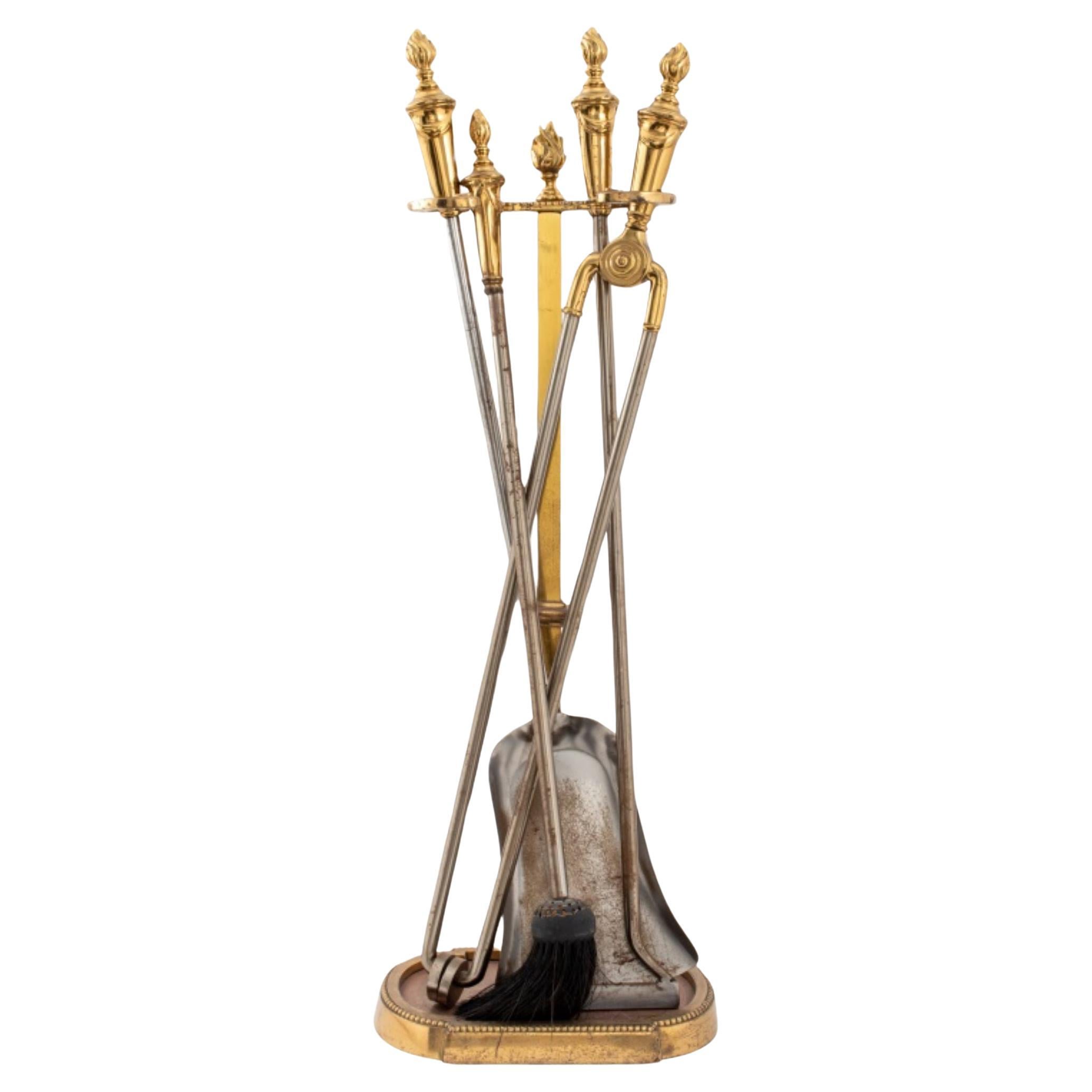 Five Piece Gilt Bronze Fireplace Tool Set