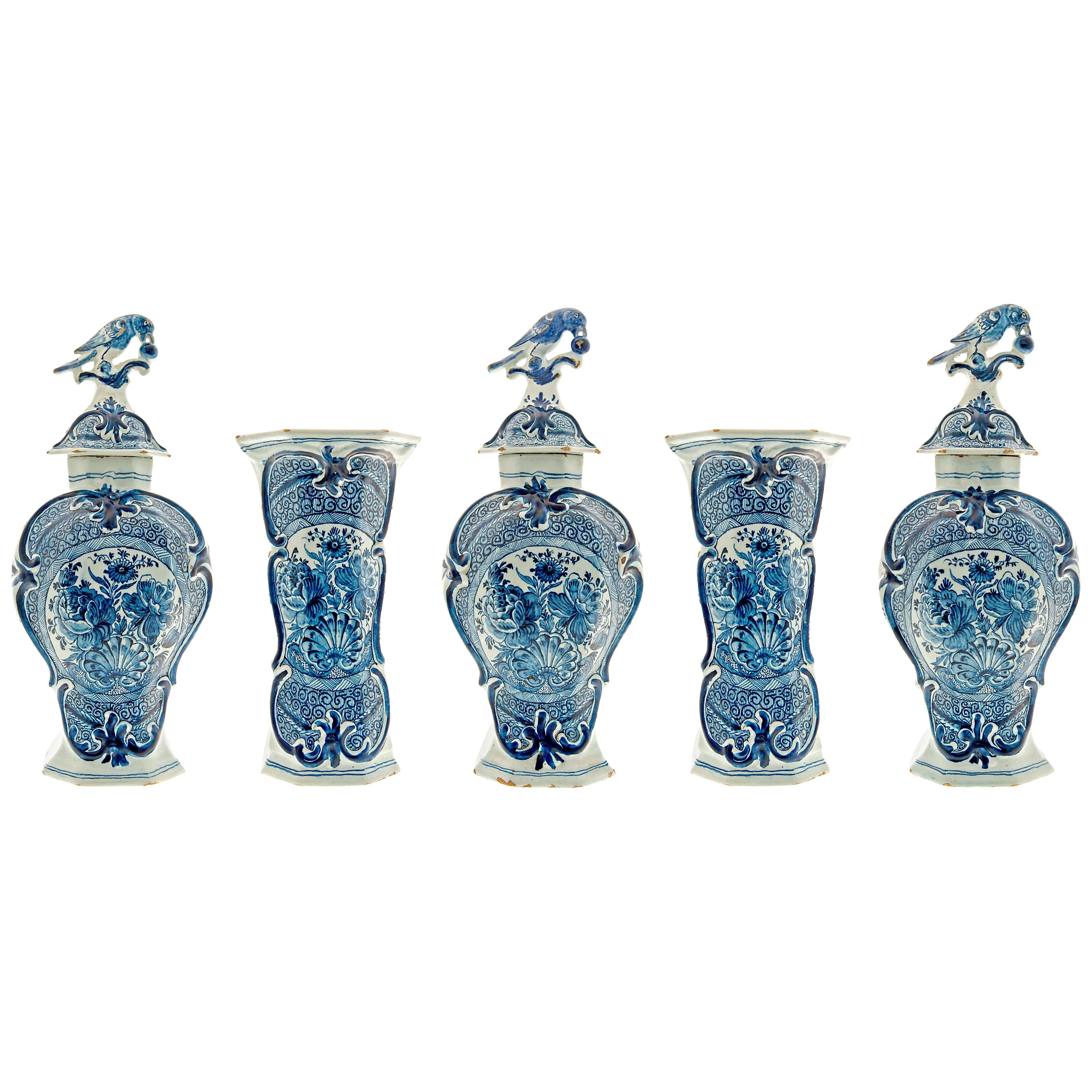 Five-Piece Mantel Garniture in Blue and White Dutch Delftware For Sale
