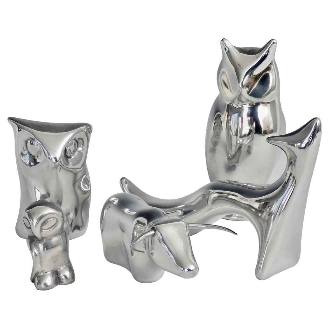 Five Polished Aluminum Hoselton Tabletop Sculptures Owl Fox Steer