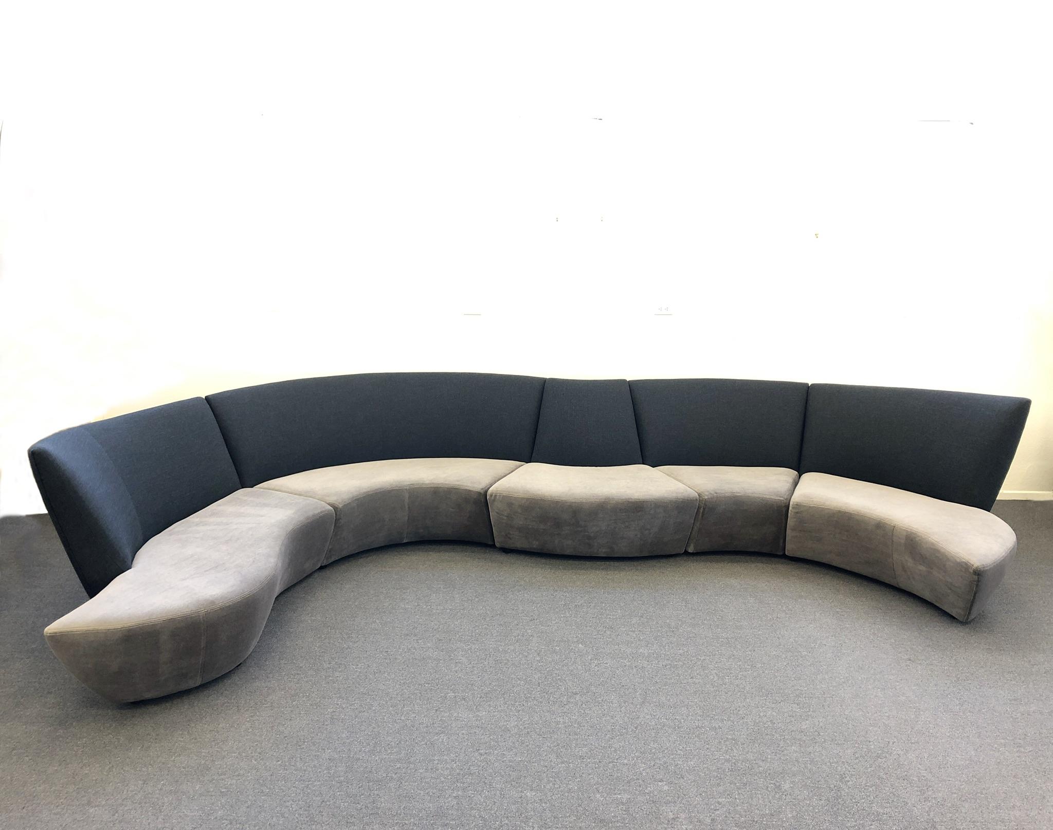 A spectacular five-piece “Bilbao” sectional sofa designed by Vladimir Kagan in 1998 for Preview Furniture. The sofa was inspired by Frank Gehry Guggenheim in Bilbao Spain. When it was originally designed, it was a one piece sofa and then it evolved