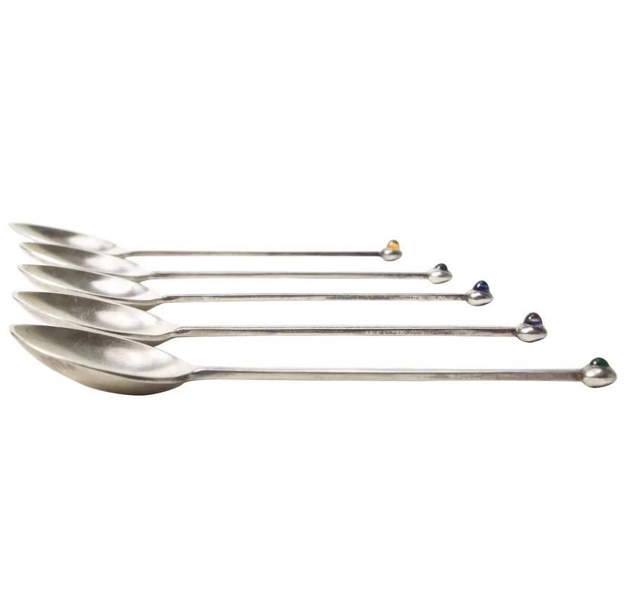 The set of spoons are one of the latest works by Josef Hoffmann who worked until his death in 1956.

Each manufactured in 925er Sterling silver with a semiprecious stone at the end of the shaft, the hallmark of Pott, company name, production
