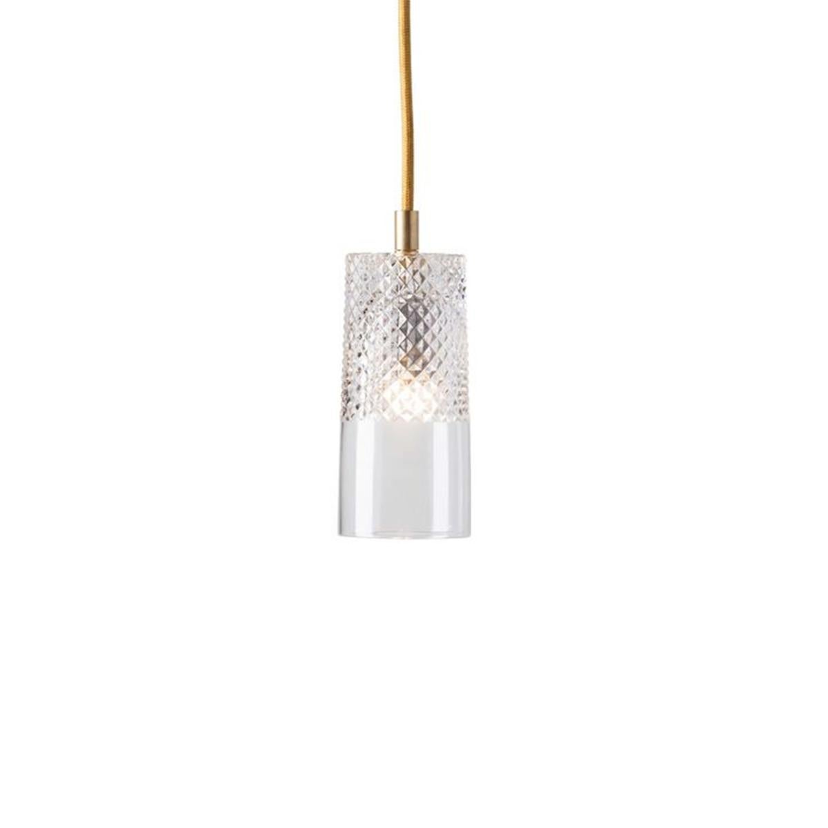 Brushed Five-Piece Set of Mouth Blown Etched Crystal Pendant Lamps, Gold