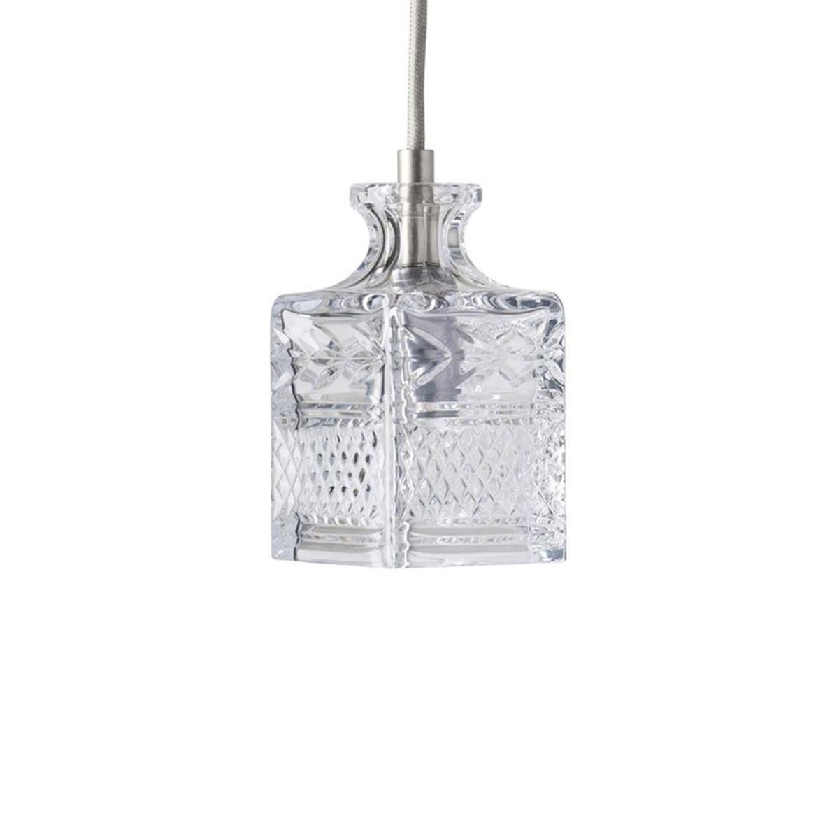 Silver linen cord accented mouth blown etched crystal canopy suspension lamps, composed in group set of 5.

     