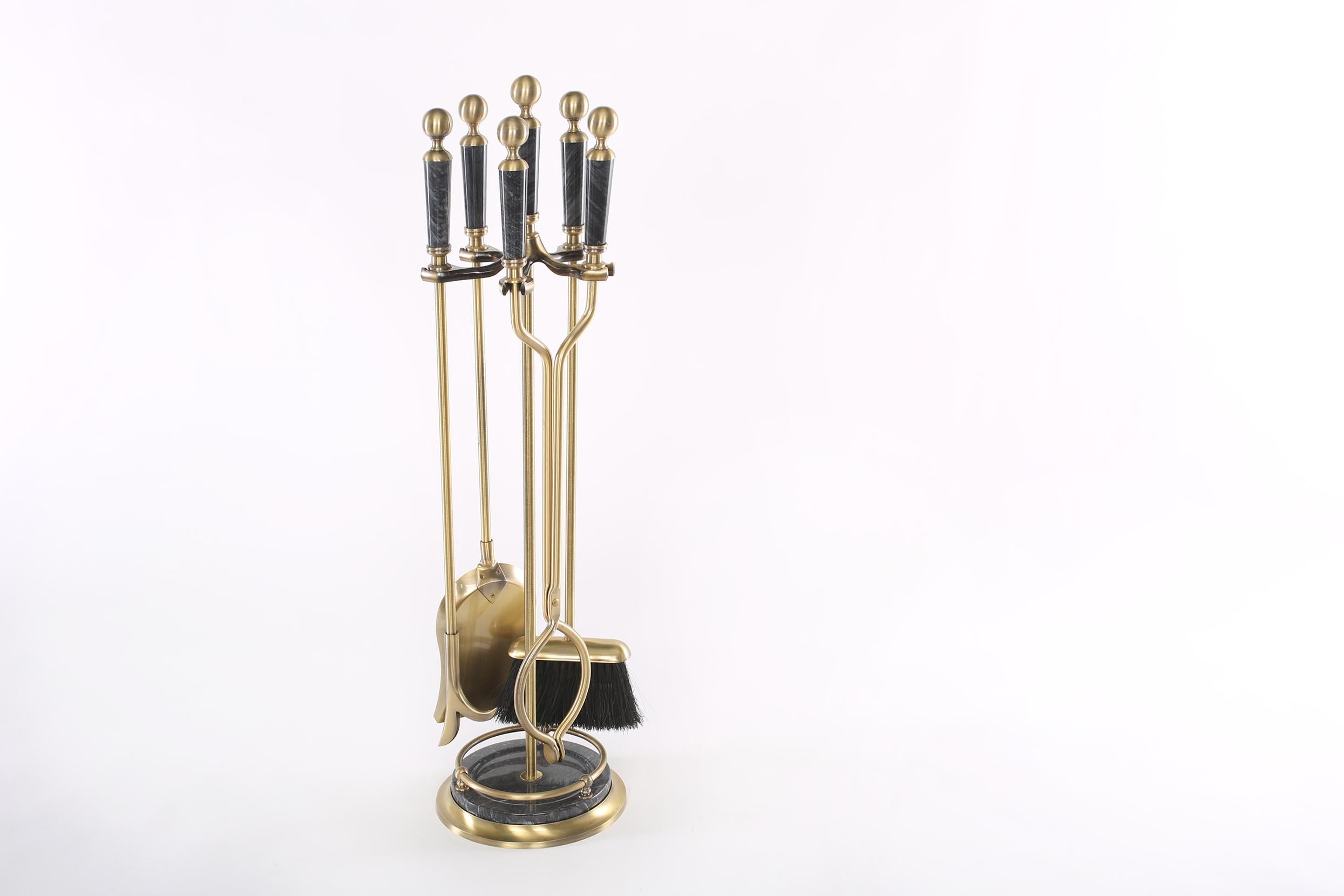 20th Century Five Piece Solid Brass / Black Marble Fireplace Tool Set