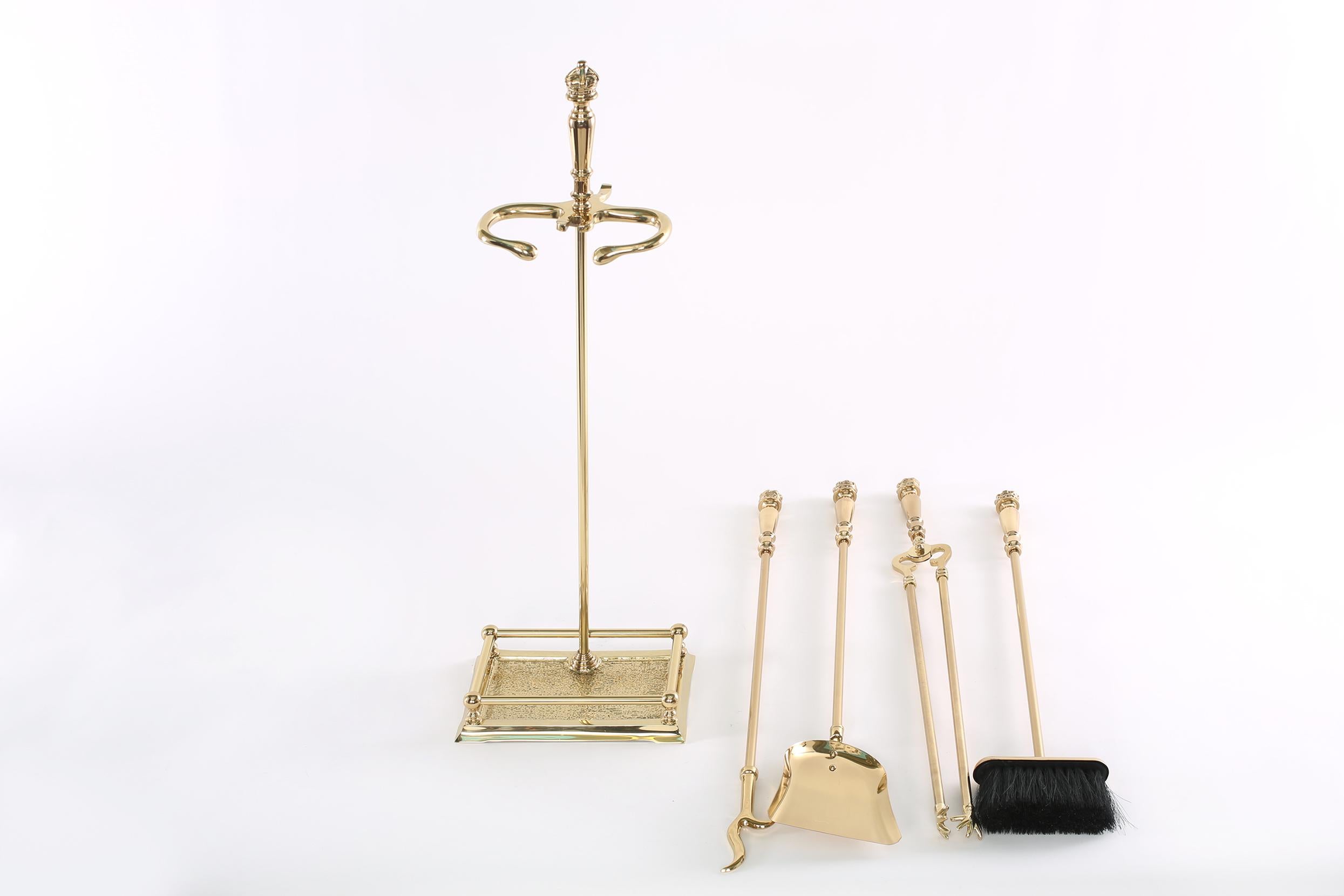 20th Century Italian Five Piece Solid Brass Fireplace Tool Set