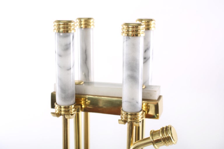 Five Piece Solid Brass / White Marble Fireplace Tool Set at 1stDibs