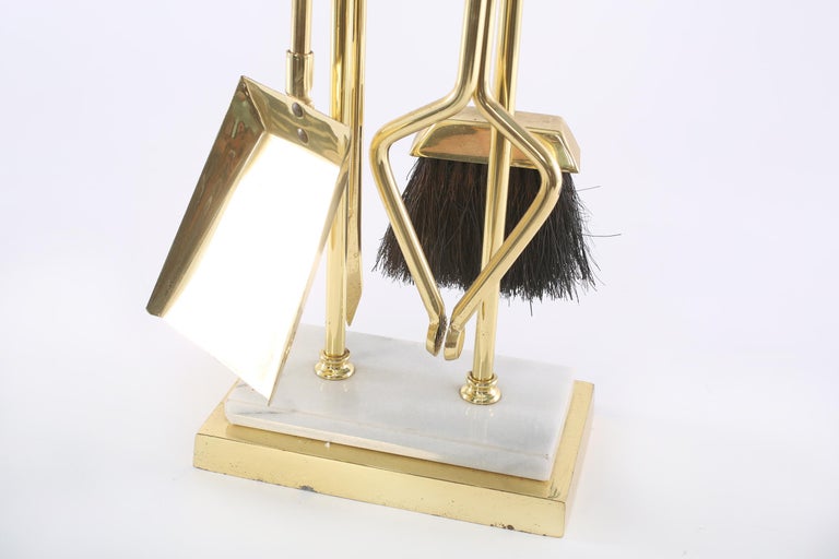 Five Piece Solid Brass / White Marble Fireplace Tool Set at 1stDibs