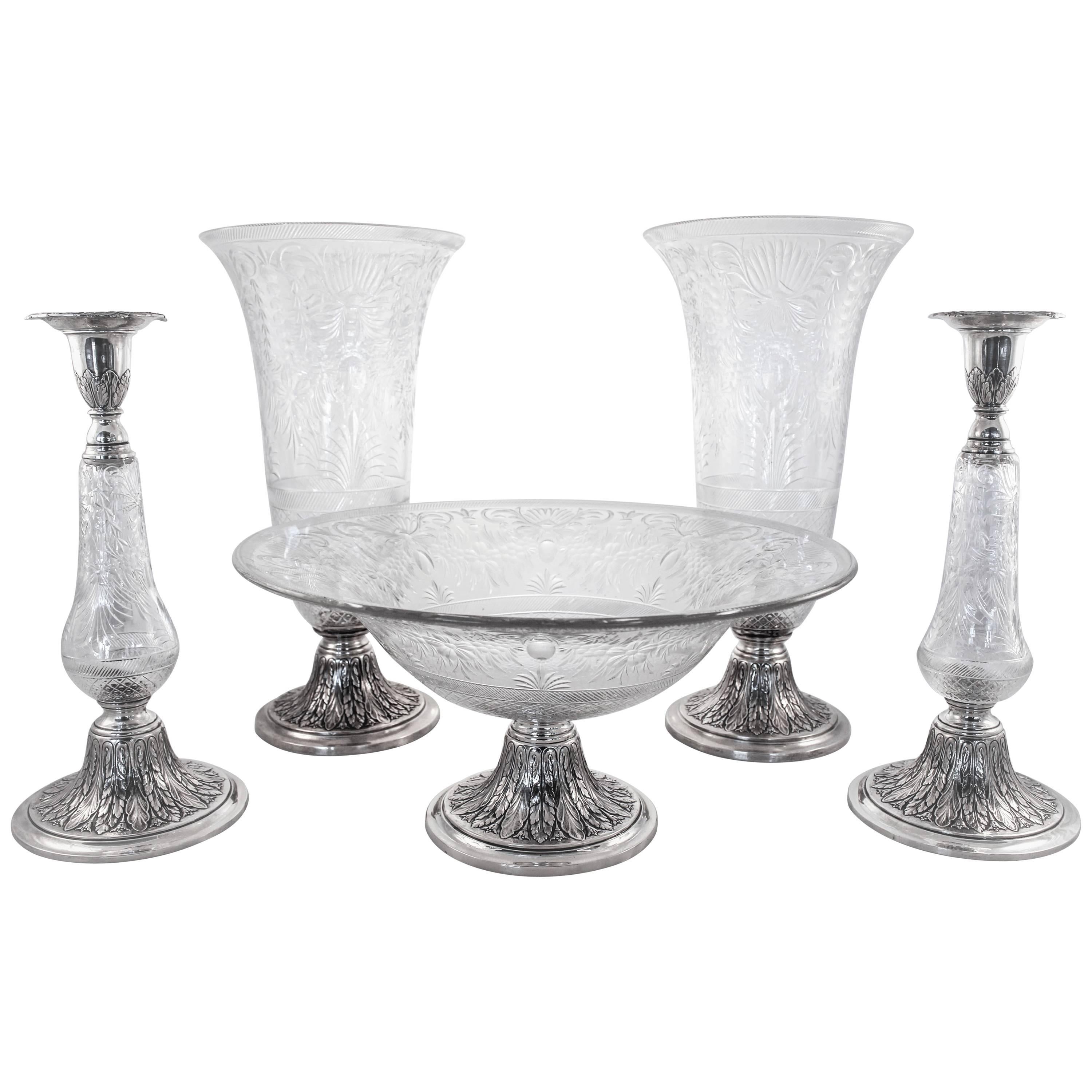 Fünfteilige Suite aus Sterlingsilber und Kristall