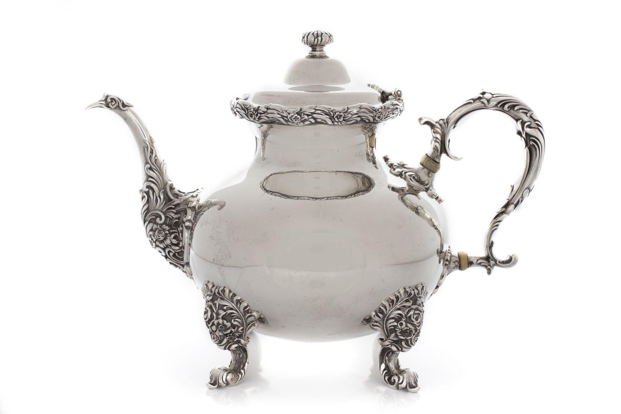 GEORGE III STYLE FIVE-PIECE STERLING SILVER COFFEE AND TEA SERVICE SET
By Whiting Manufacturing Co., New York; each with Whiting hallmark (two-headed chimera w/ encircled W), 
