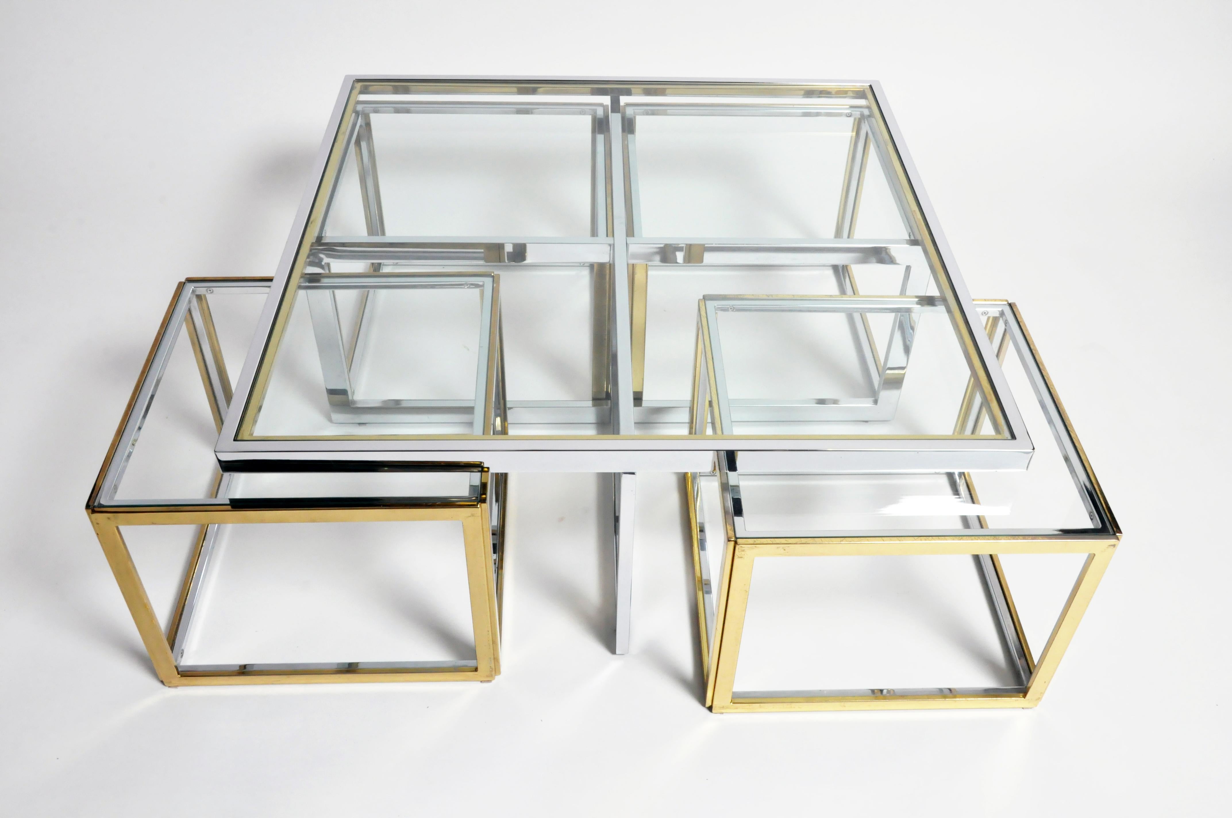 French Brass, Chrome, and Glass Coffee Table Ensemble