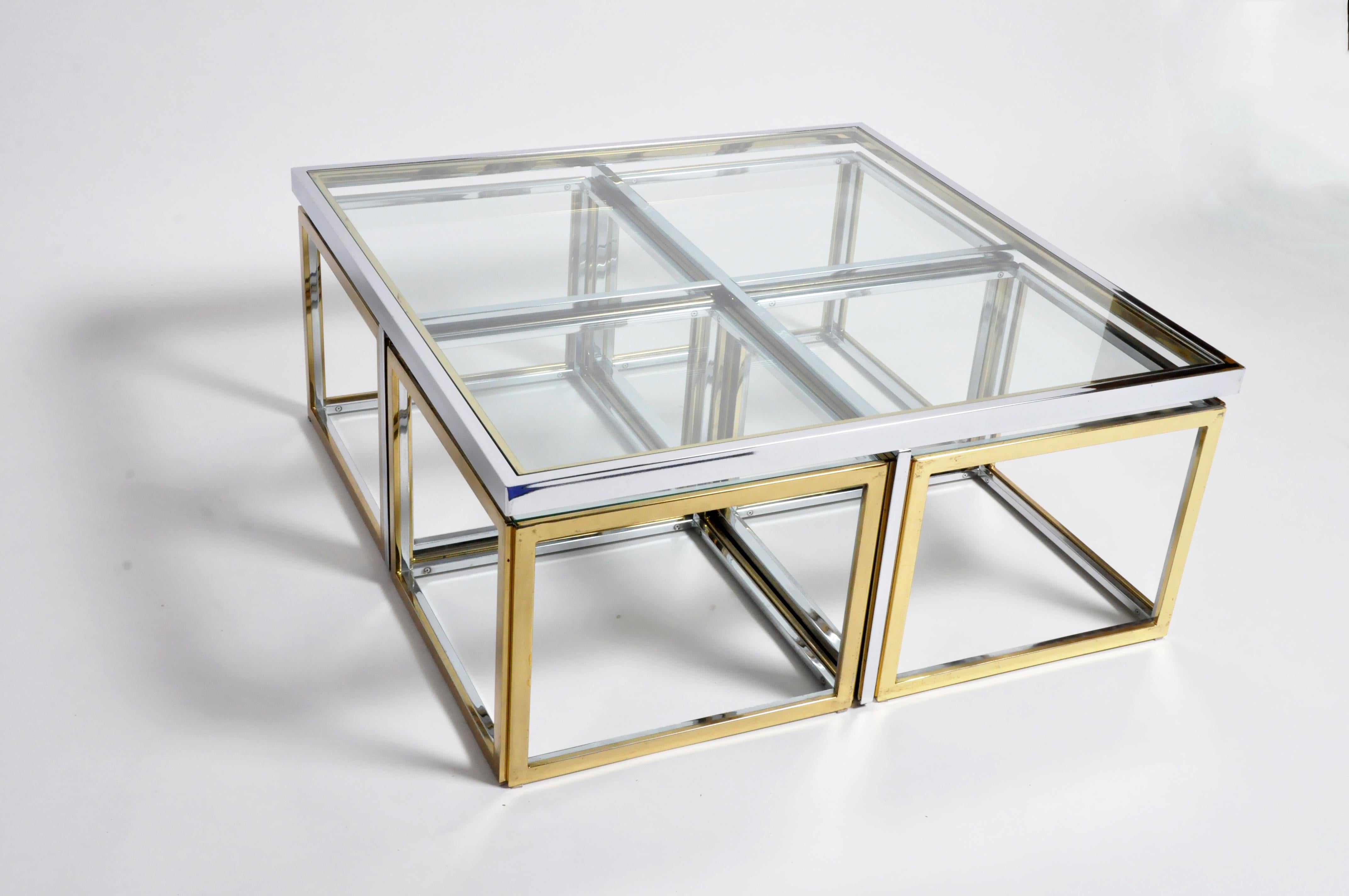 Brass, Chrome, and Glass Coffee Table Ensemble In Good Condition In Chicago, IL