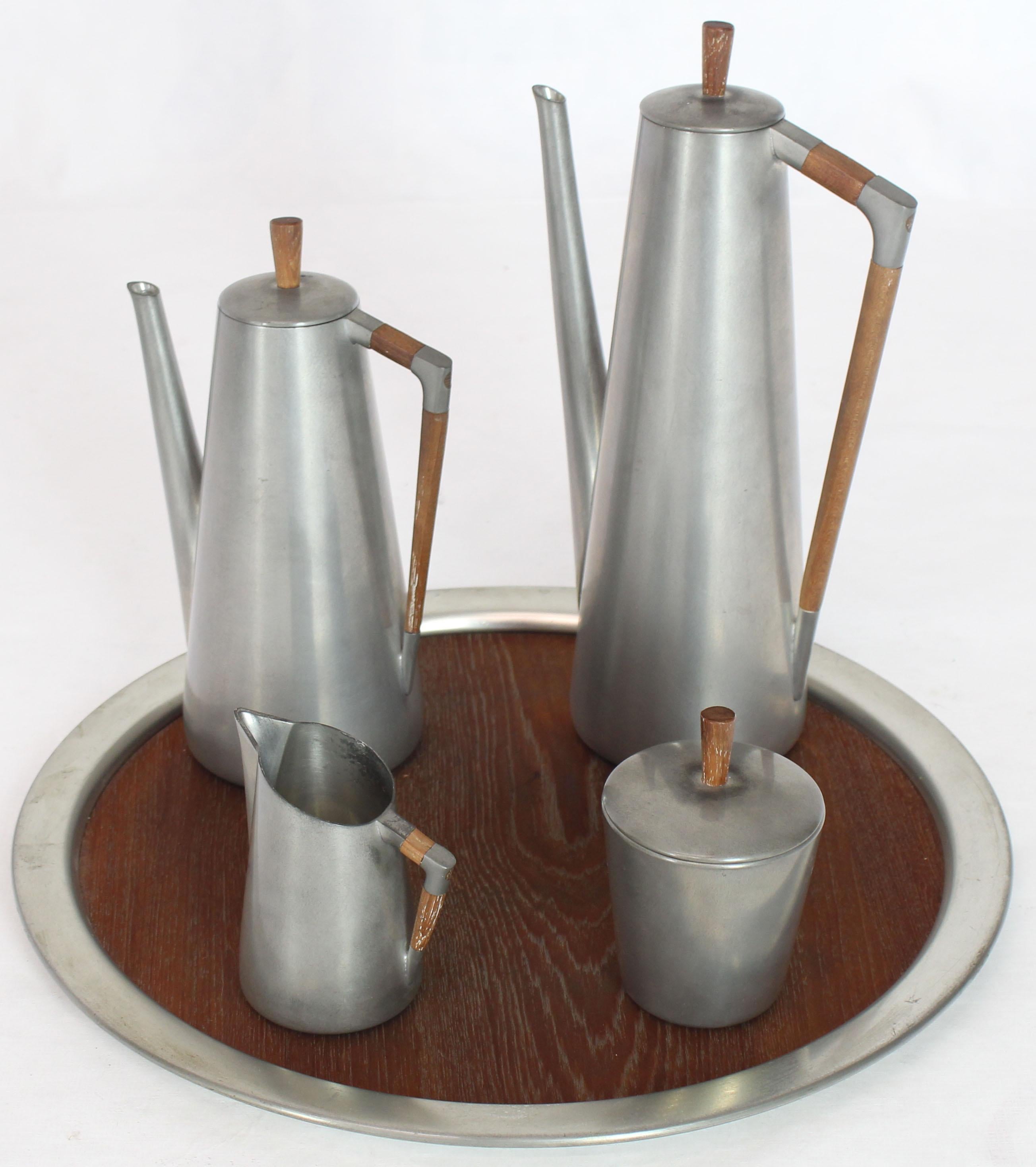 Five Pieces Mid-Century Modern Tea Coffee Set by Royal Holland Pewter Teak For Sale 6