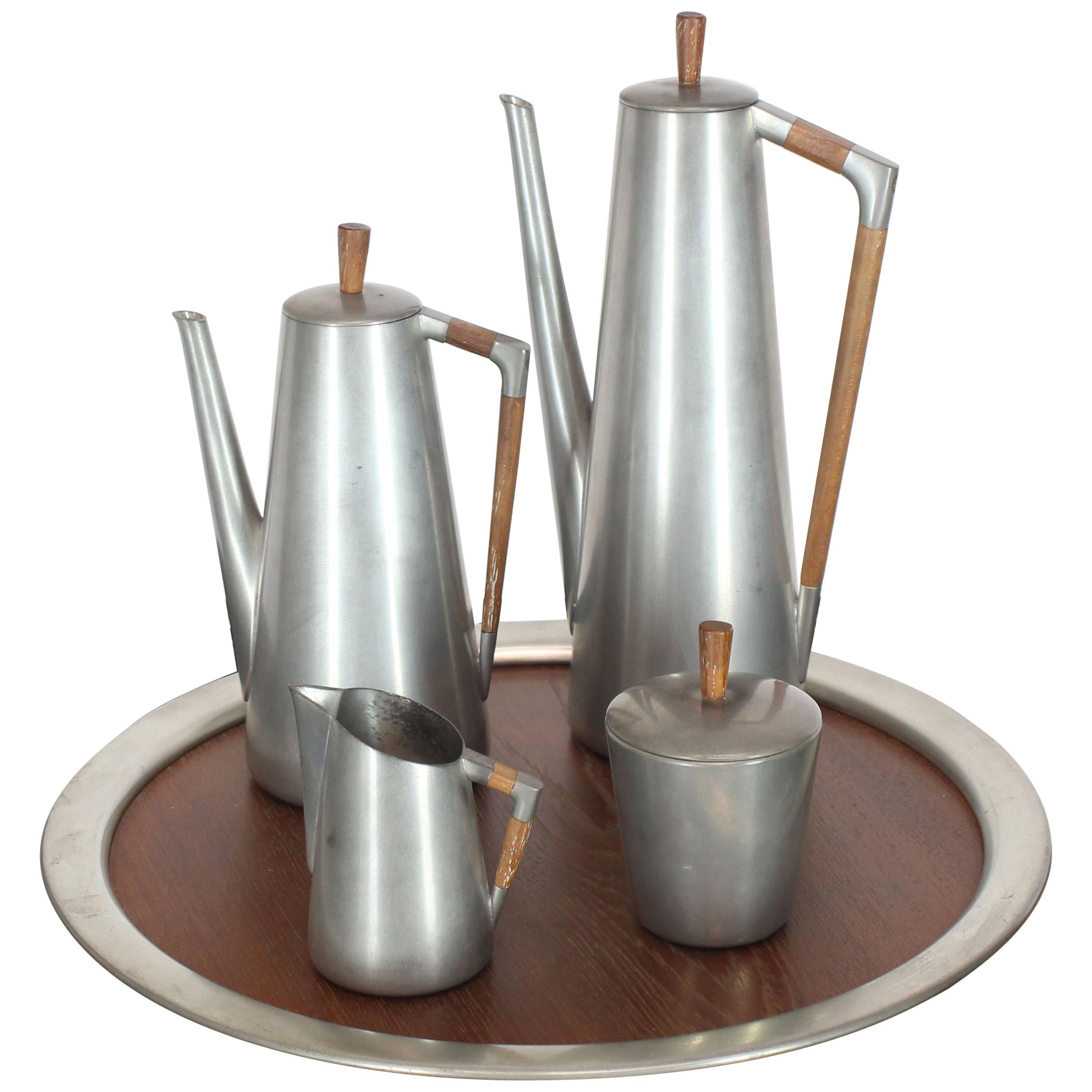 Five Pieces Mid-Century Modern Tea Coffee Set by Royal Holland Pewter Teak For Sale