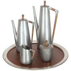 Vintage Five Pieces Mid-Century Modern Tea Coffee Set by Royal Holland Pewter Teak