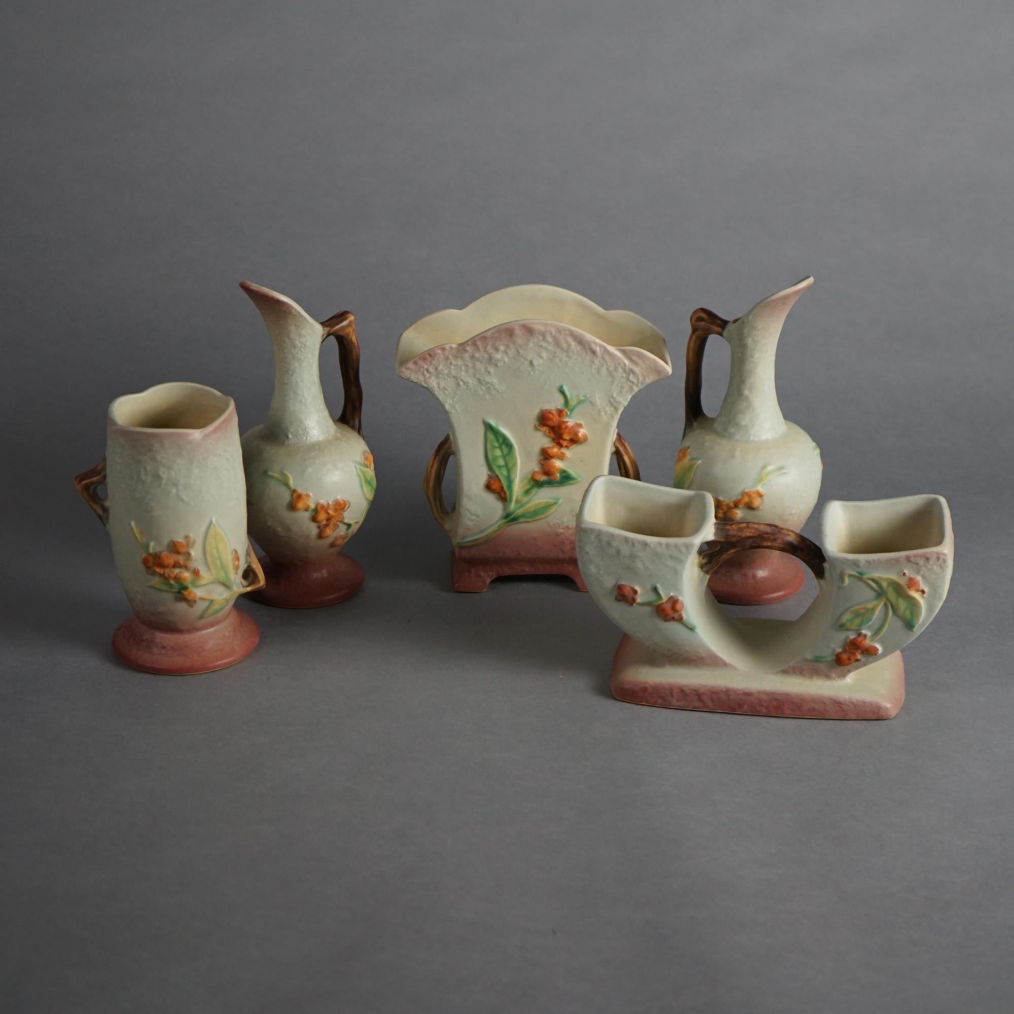 Five Pieces of Blue & Pink Roseville Art Pottery with Bittersweet Patter 20thC

Measures - 8.5