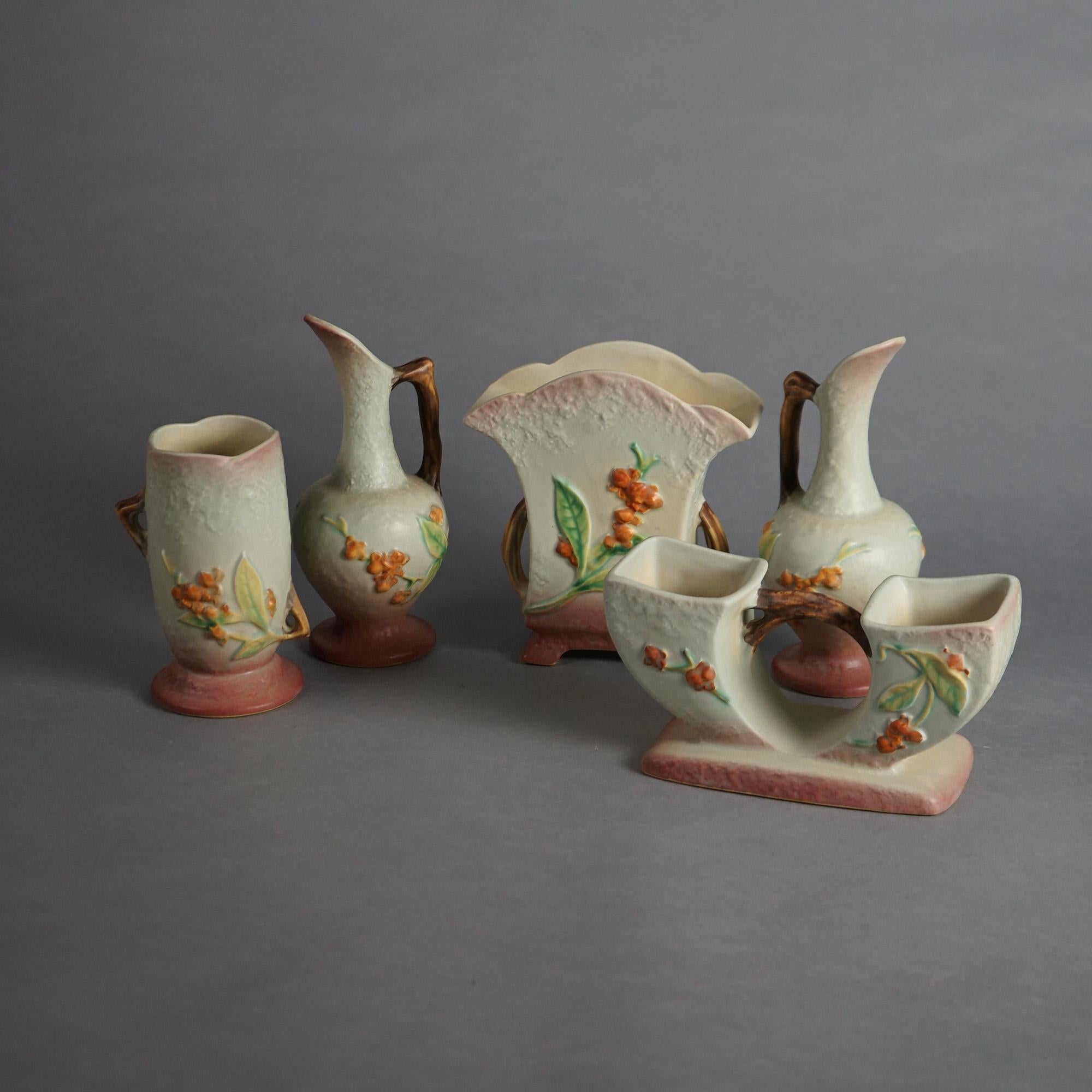 Arts and Crafts Five Pieces of Blue & Pink Roseville Art Pottery with Bittersweet Patter 20thC