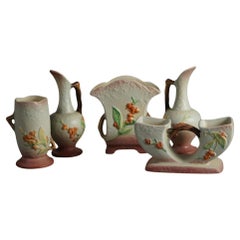 Five Pieces of Blue & Pink Roseville Art Pottery with Bittersweet Patter 20thC