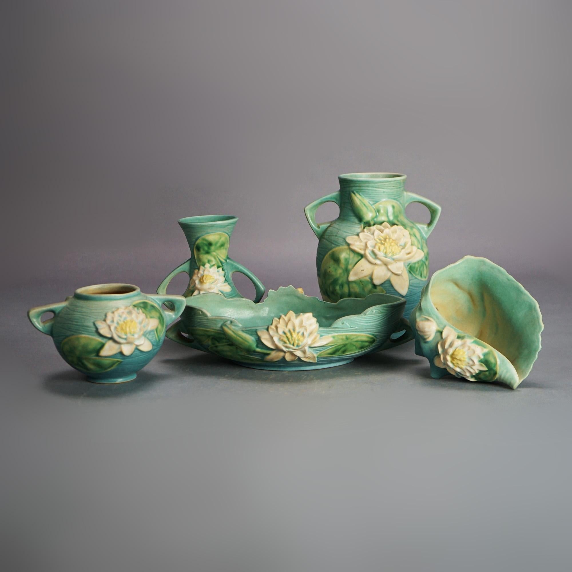 Five Pieces of Blue Roseville Art Pottery with Water Lily Pattern Mid 20th

Measures - 3