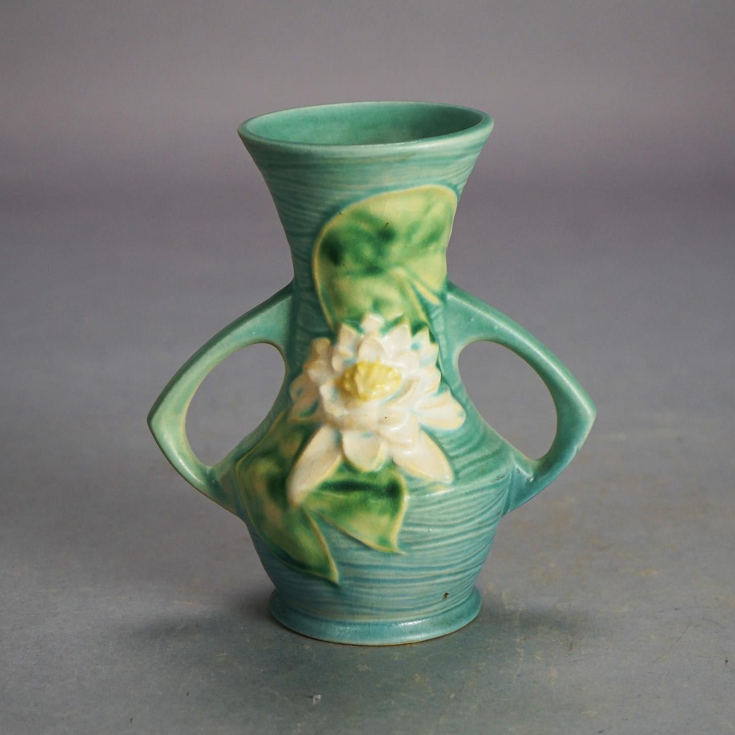 Arts and Crafts Five Pieces of Blue Roseville Art Pottery with Water Lily Pattern Mid 20th